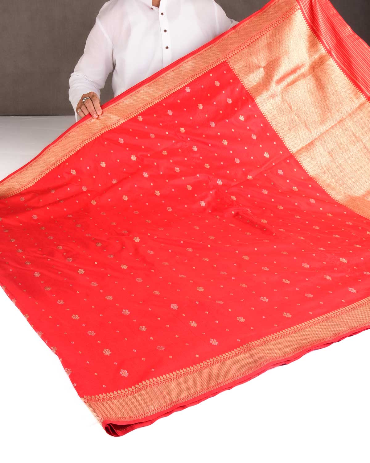 Bridal Red Gold & Silver Zari Bachcha Buti Kadhuan Brocade Handwoven Katan Silk Banarasi Saree-HolyWeaves