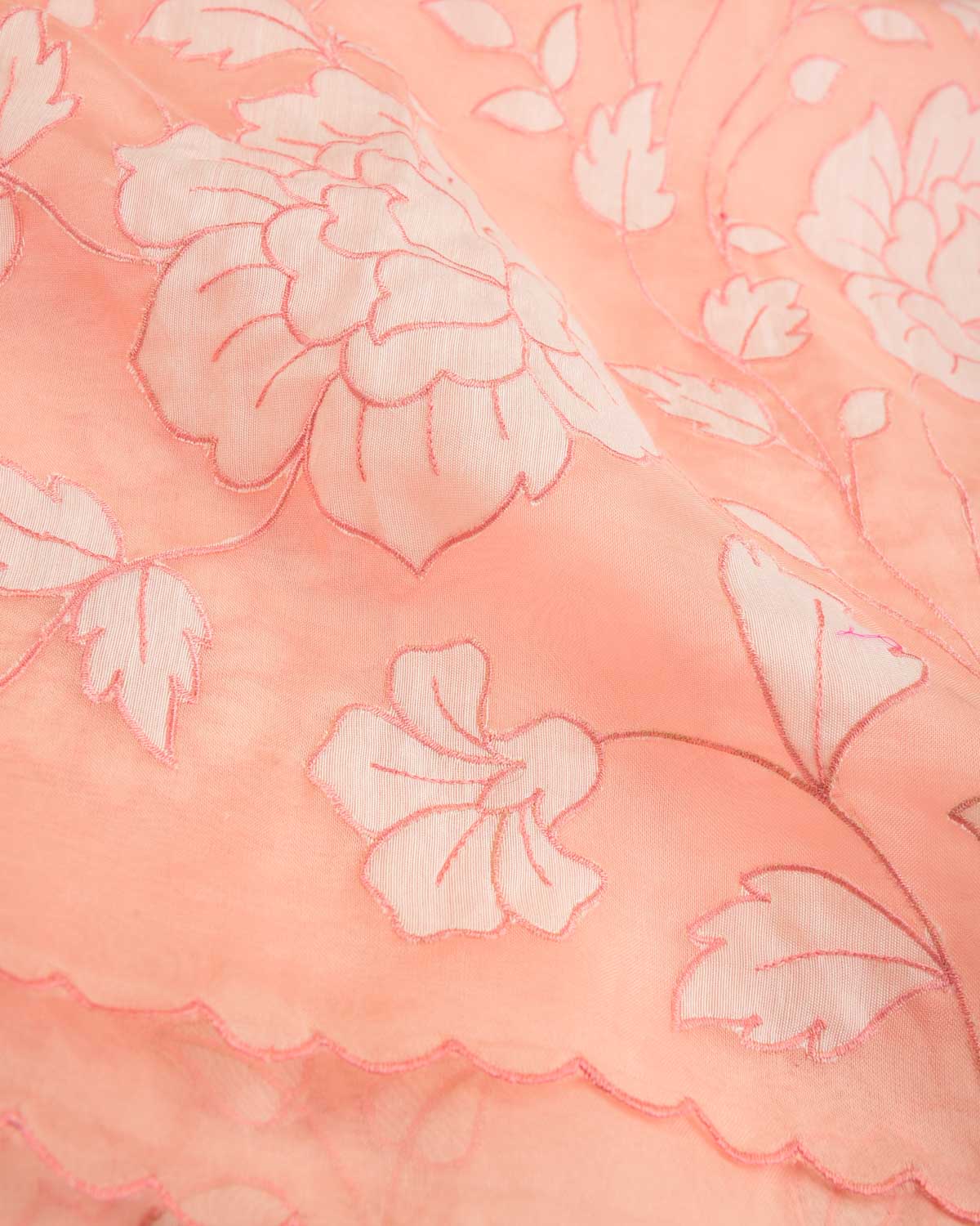 Peach Floral Applique Kora Silk Saree with Satin Blouse Piece-HolyWeaves