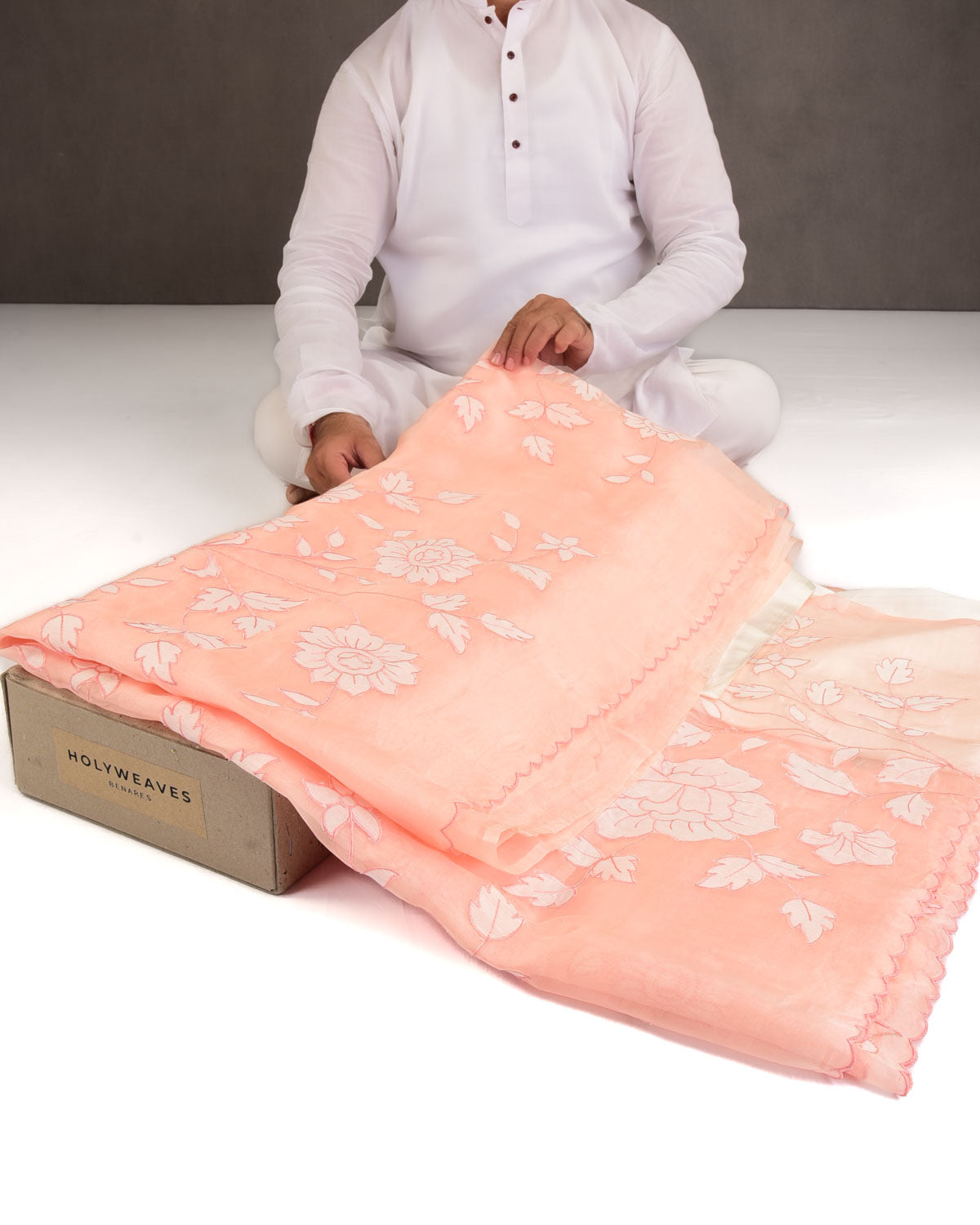 Peach Floral Applique Kora Silk Saree with Satin Blouse Piece-HolyWeaves