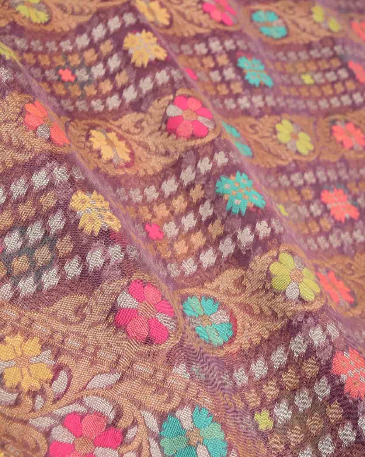 Mauve Gold, Silver Zari & Meenekari Cutwork Brocade Handwoven Kora Silk Banarasi Saree with Koniya Buta-HolyWeaves