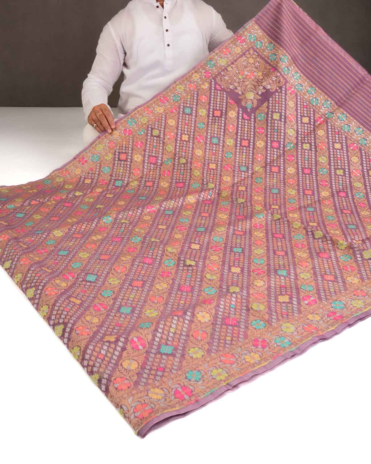 Mauve Gold, Silver Zari & Meenekari Cutwork Brocade Handwoven Kora Silk Banarasi Saree with Koniya Buta-HolyWeaves