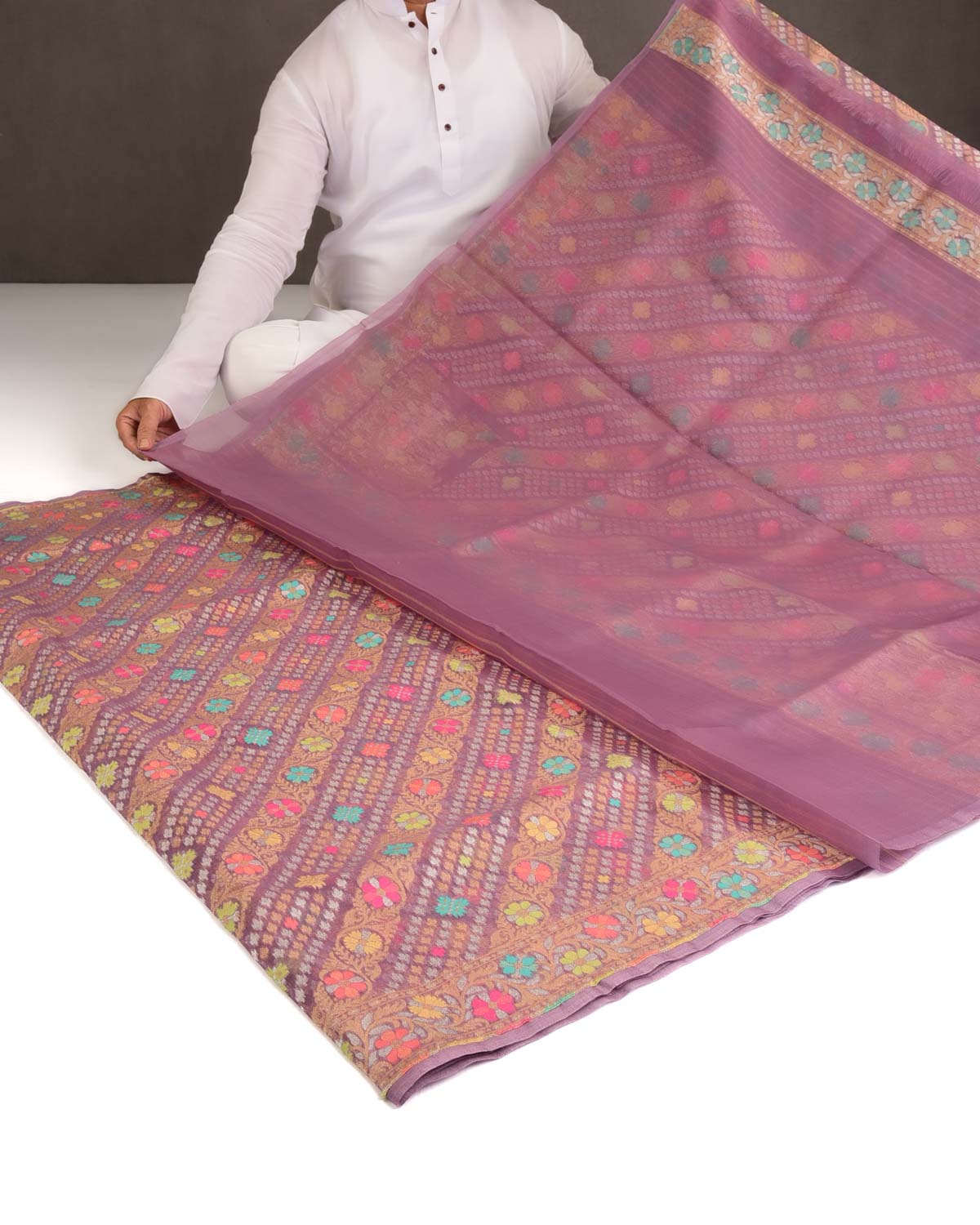 Mauve Gold, Silver Zari & Meenekari Cutwork Brocade Handwoven Kora Silk Banarasi Saree with Koniya Buta-HolyWeaves
