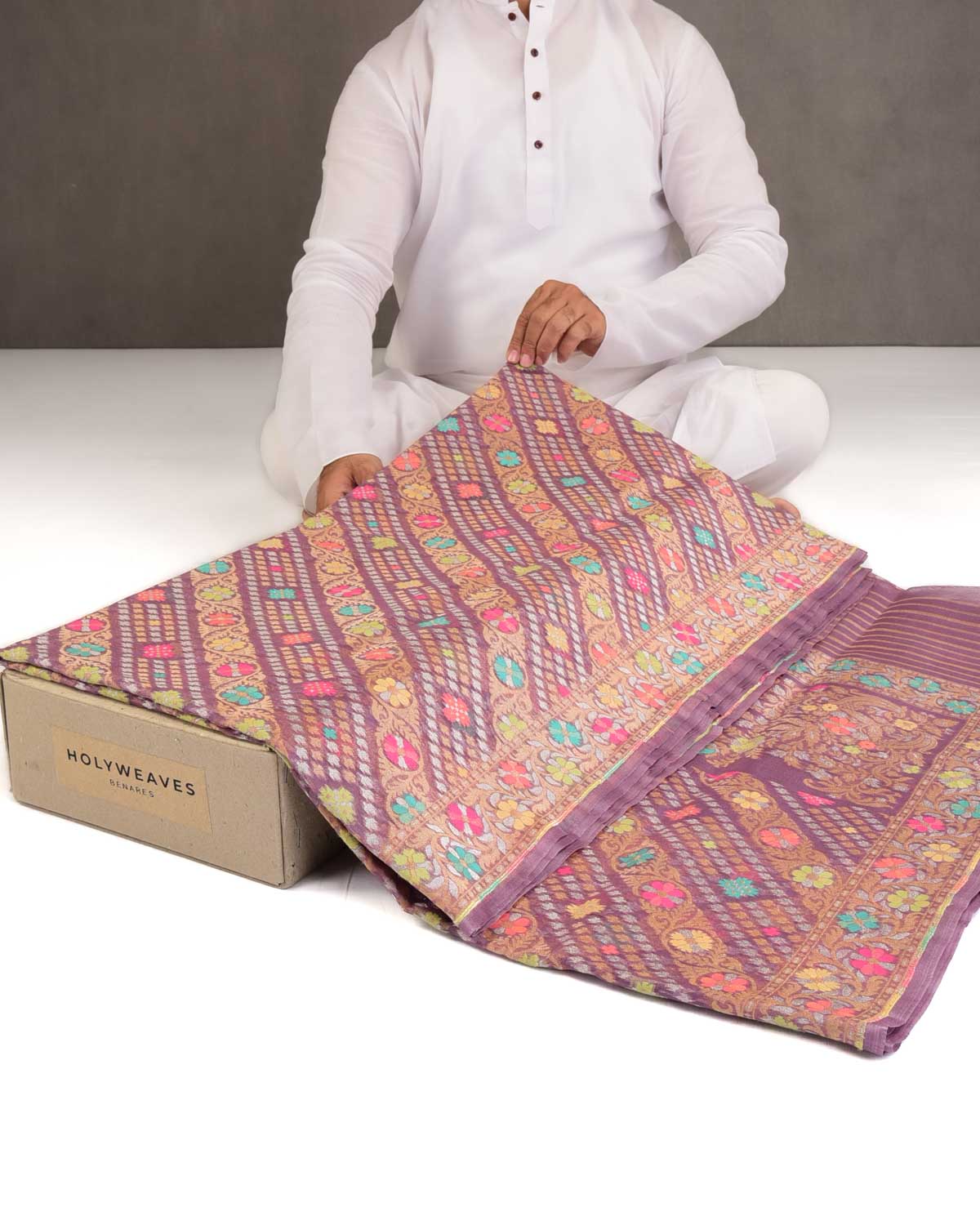 Mauve Gold, Silver Zari & Meenekari Cutwork Brocade Handwoven Kora Silk Banarasi Saree with Koniya Buta-HolyWeaves