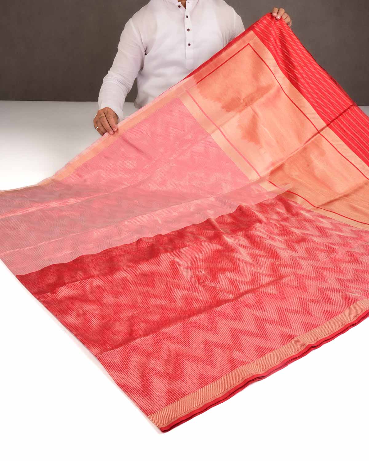 Dual Tone Red Silver Zari Chevron Kadhuan Brocade Handwoven Katan Silk Banarasi Saree-HolyWeaves