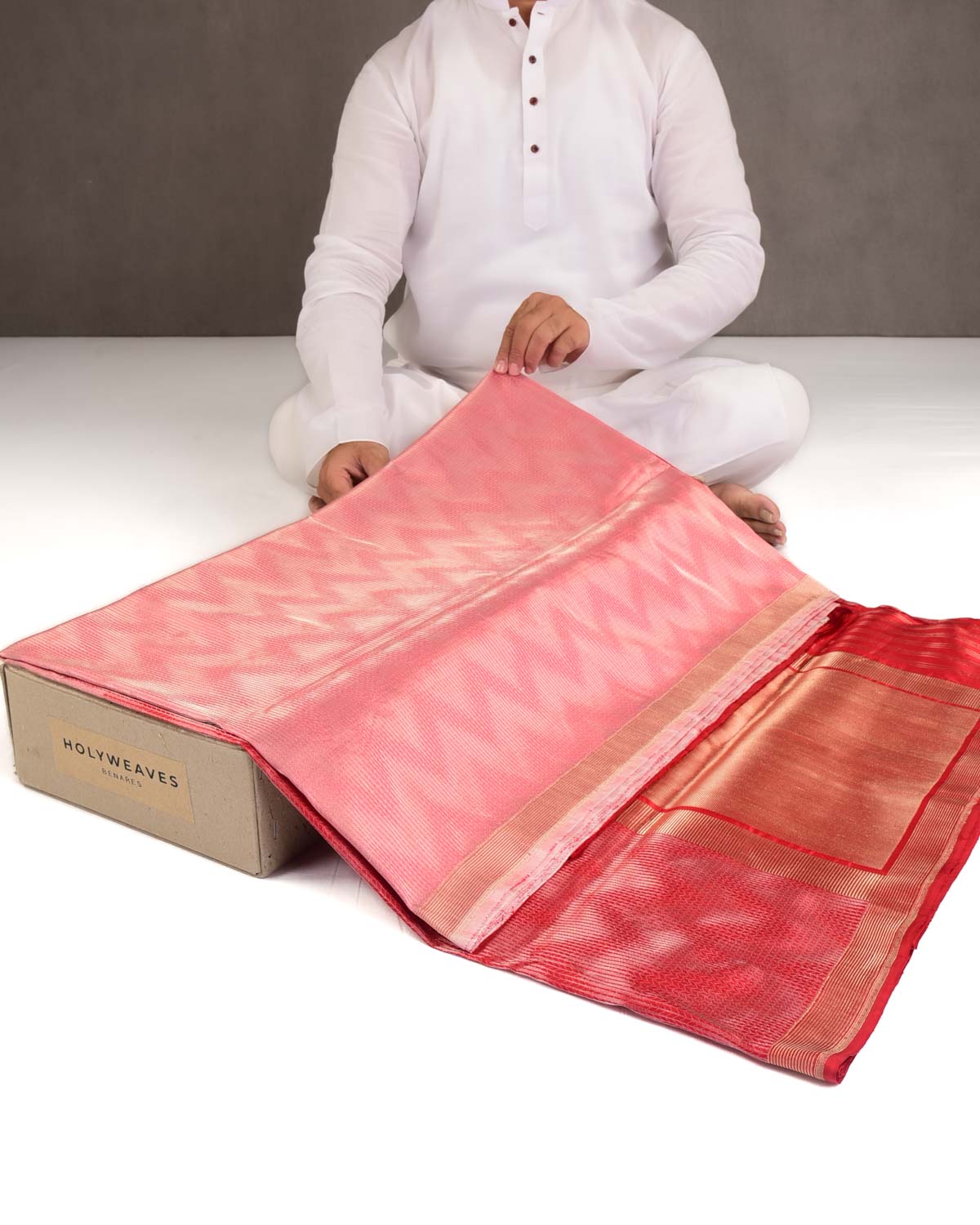 Dual Tone Red Silver Zari Chevron Kadhuan Brocade Handwoven Katan Silk Banarasi Saree-HolyWeaves