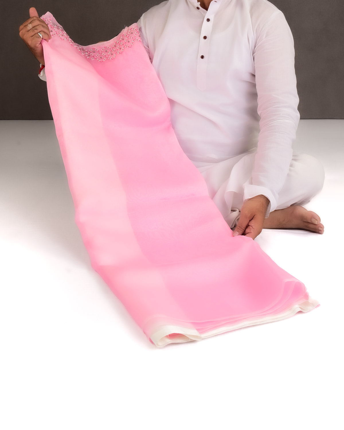 Pink Hand-Embroidered Kora Silk Saree-HolyWeaves
