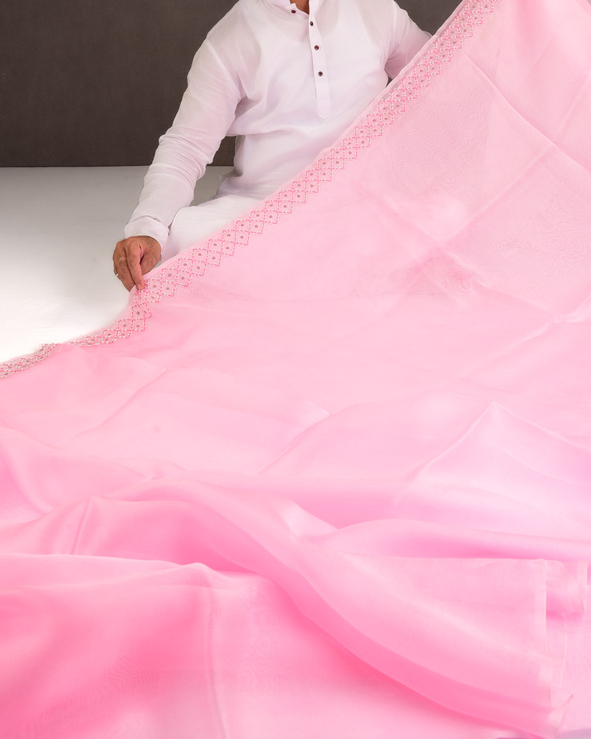 Pink Hand-Embroidered Kora Silk Saree-HolyWeaves