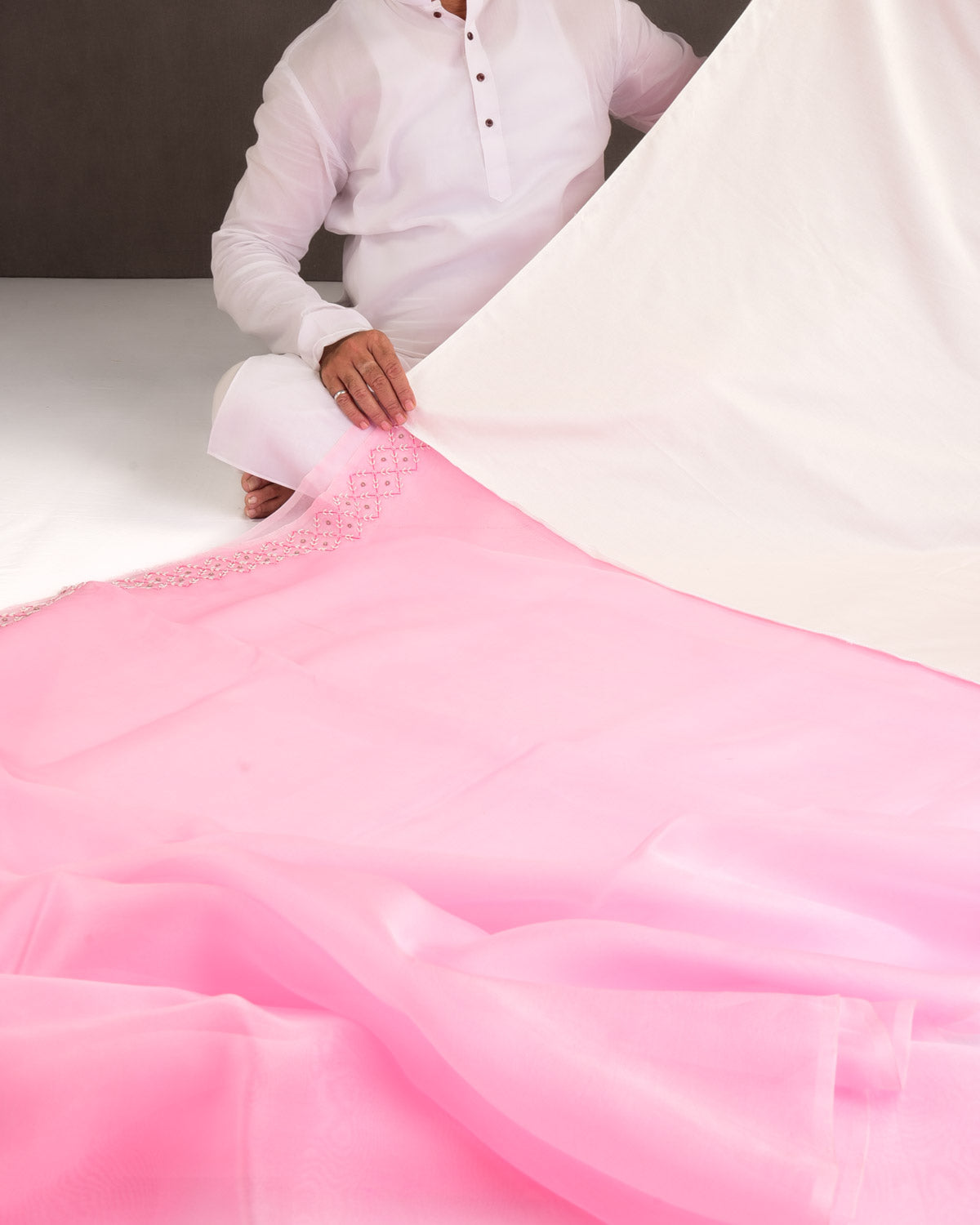 Pink Hand-Embroidered Kora Silk Saree-HolyWeaves