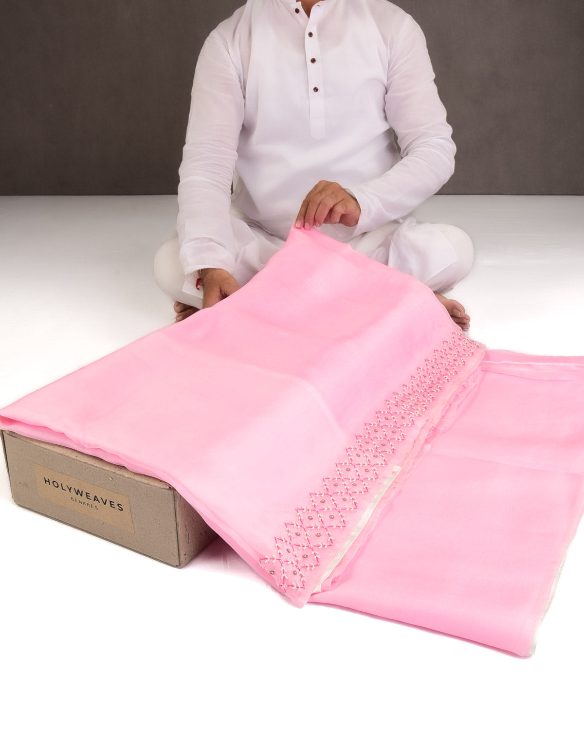 Pink Hand-Embroidered Kora Silk Saree-HolyWeaves