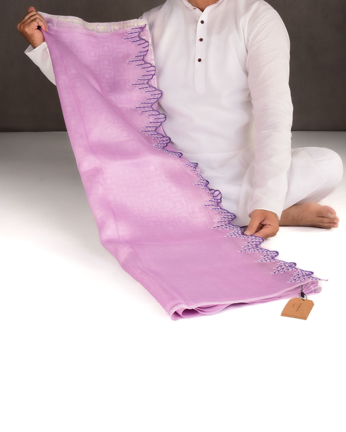 Mauve Hand-Embroidered Kora Silk Saree-HolyWeaves