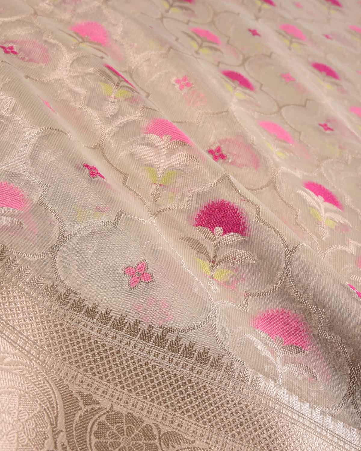 Metallic Beige Ethnic Grids Cutwork Brocade Woven Art Cotton Tissue Banarasi Saree-HolyWeaves