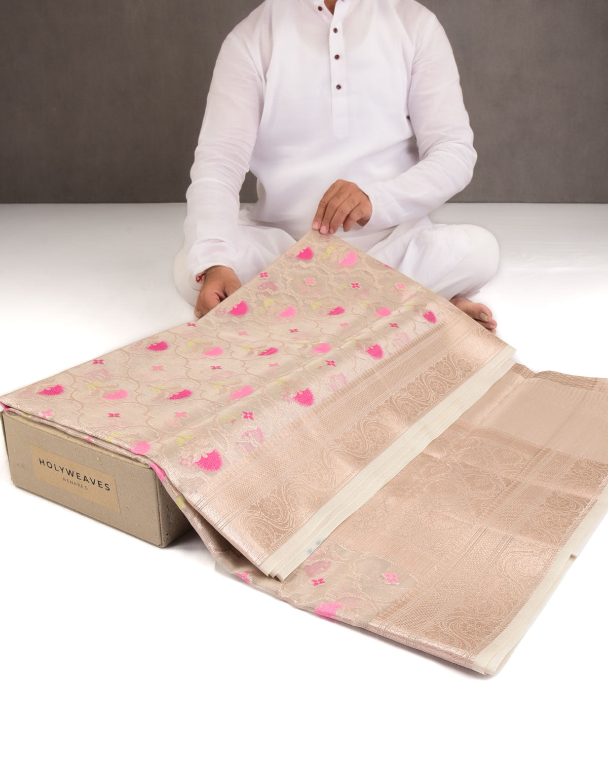 Metallic Beige Ethnic Grids Cutwork Brocade Woven Art Cotton Tissue Banarasi Saree-HolyWeaves