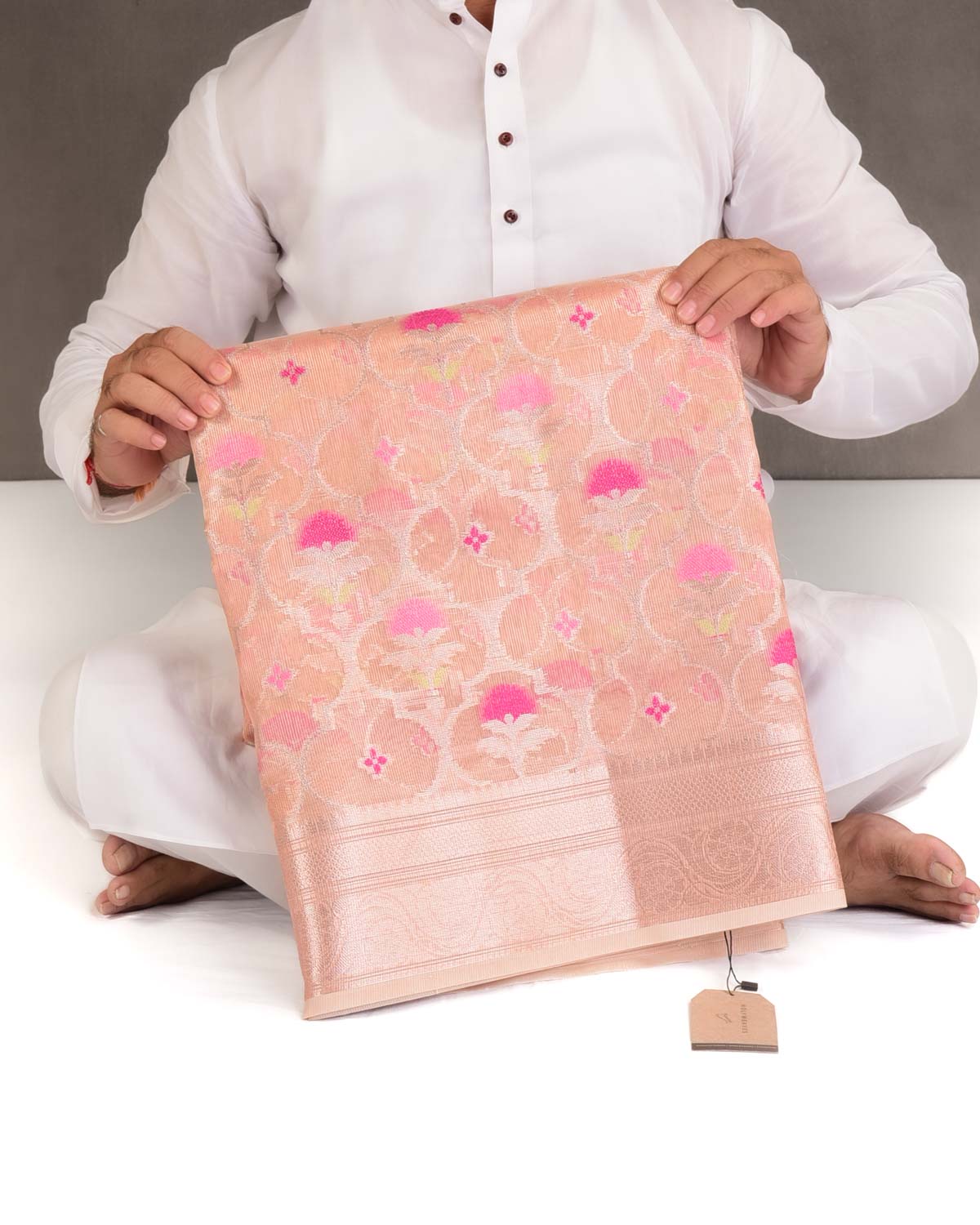 Metallic Pink Ethnic Grids Cutwork Brocade Woven Art Cotton Tissue Banarasi Saree-HolyWeaves