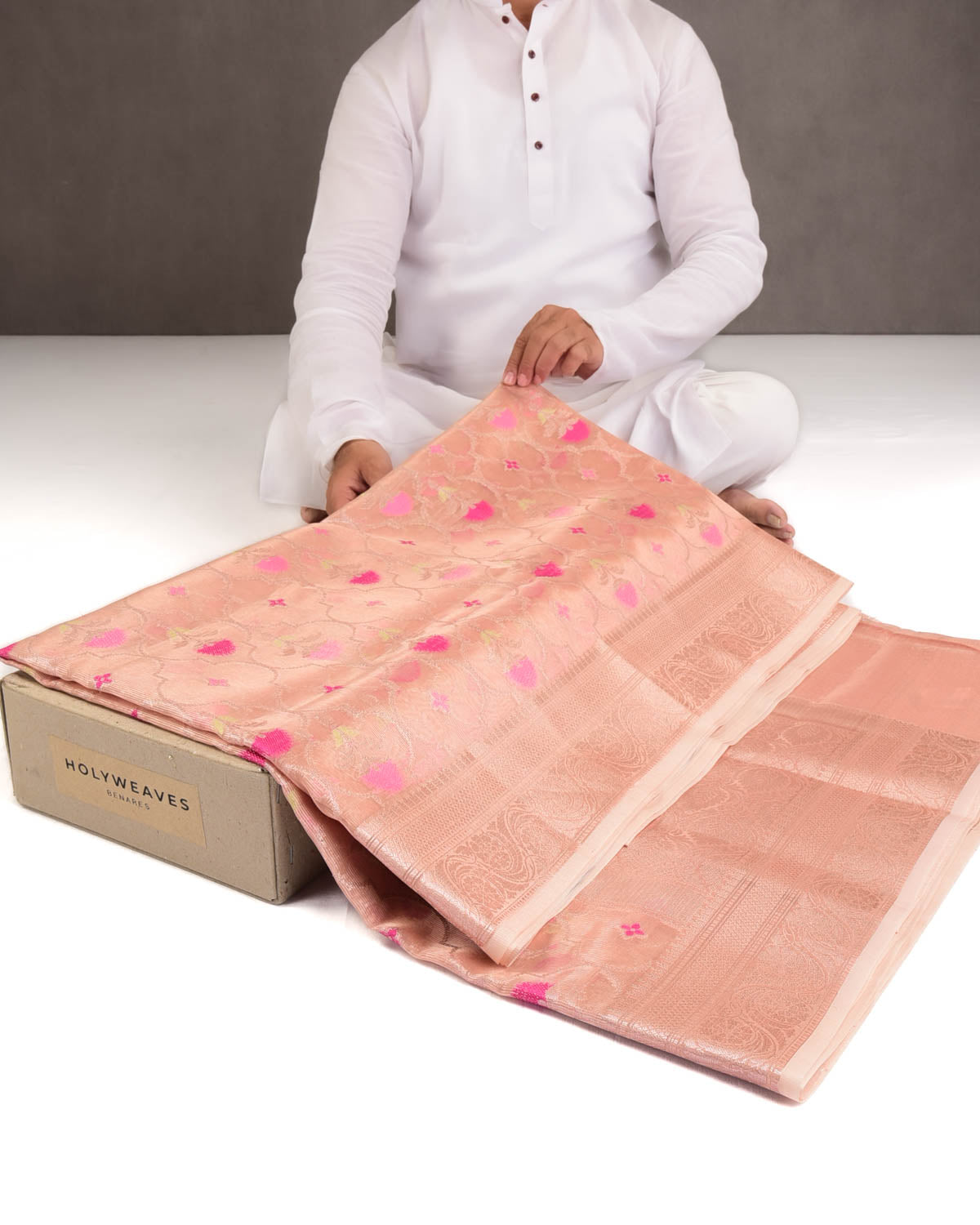 Metallic Pink Ethnic Grids Cutwork Brocade Woven Art Cotton Tissue Banarasi Saree-HolyWeaves