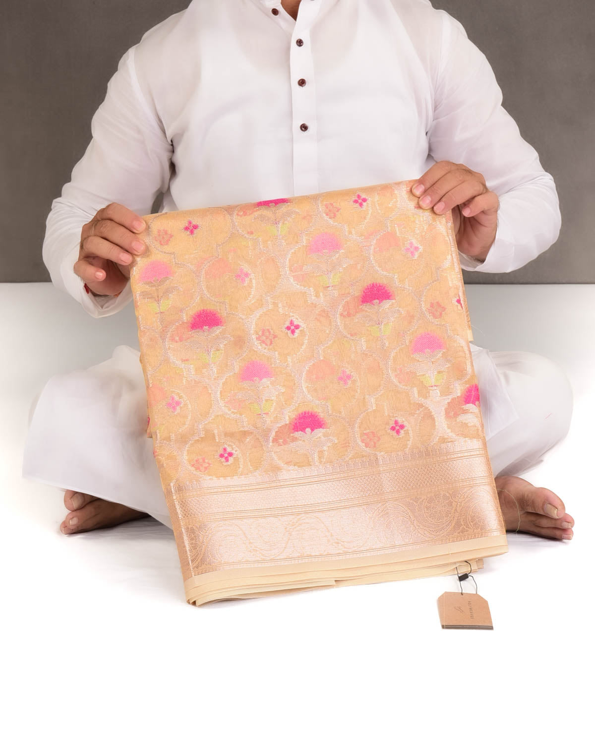 Metallic Yellow Ethnic Grids Cutwork Brocade Woven Art Cotton Tissue Banarasi Saree-HolyWeaves