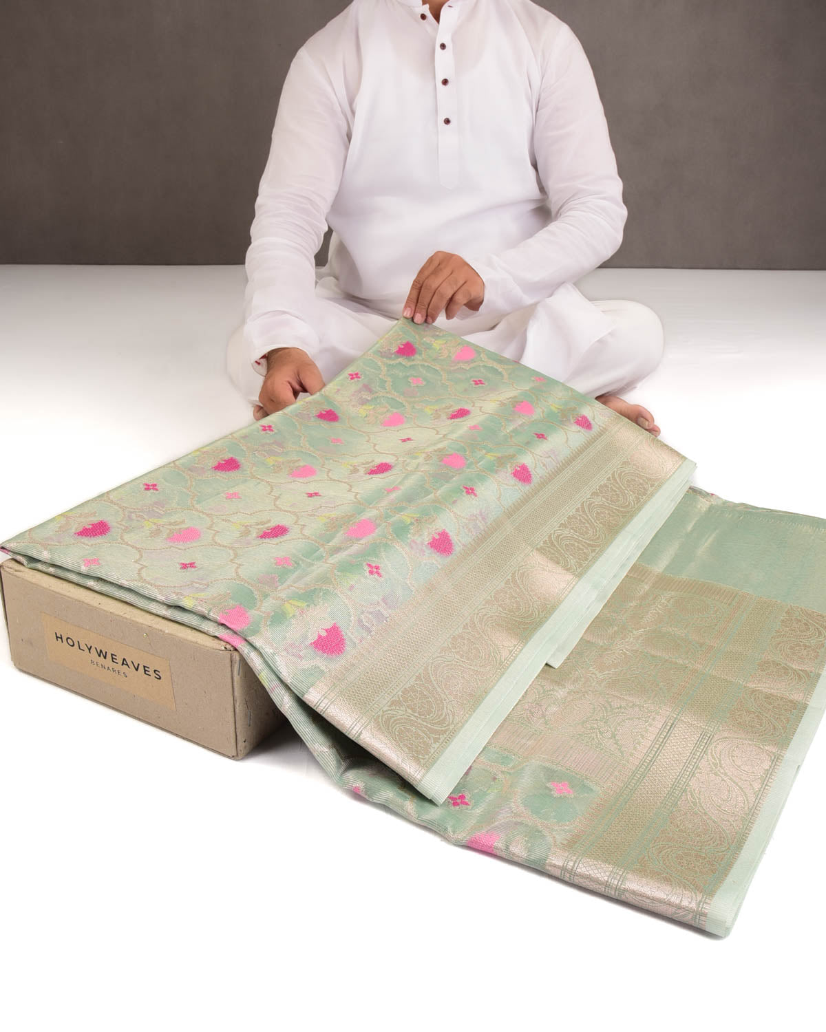 Metallic Blue Ethnic Grids Cutwork Brocade Woven Art Cotton Tissue Banarasi Saree-HolyWeaves