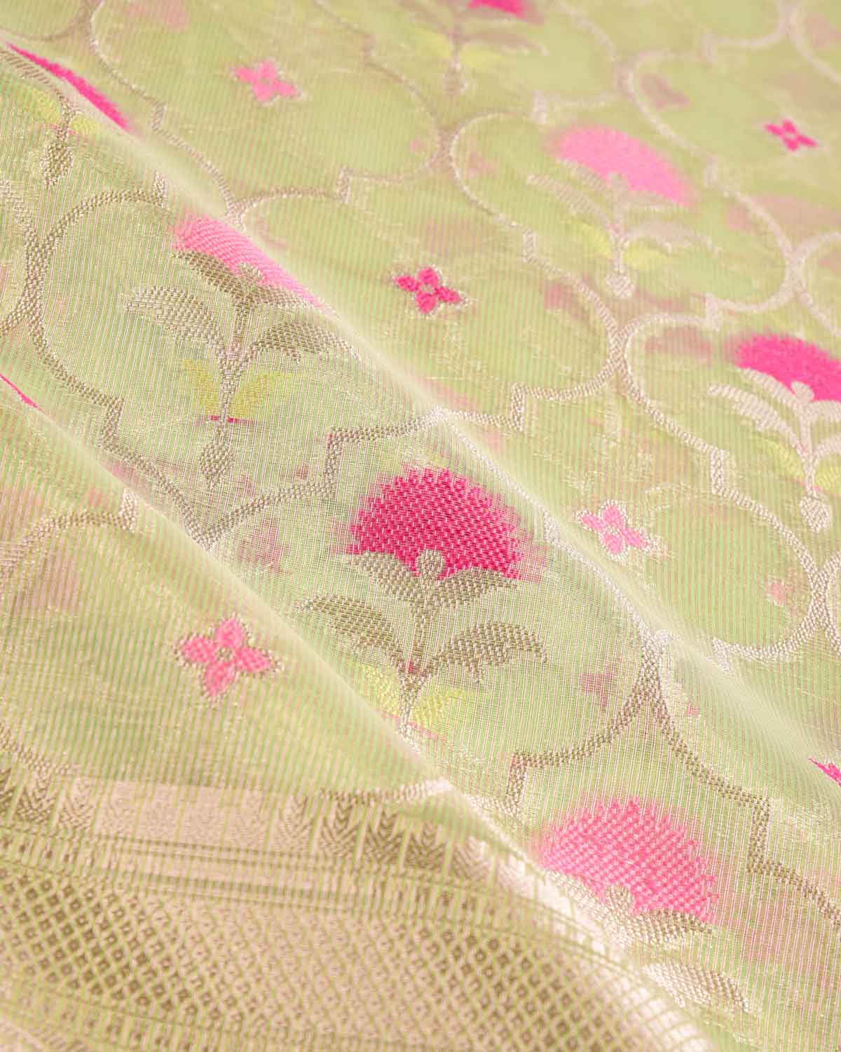 Metallic Green Ethnic Grids Cutwork Brocade Woven Art Cotton Tissue Banarasi Saree-HolyWeaves