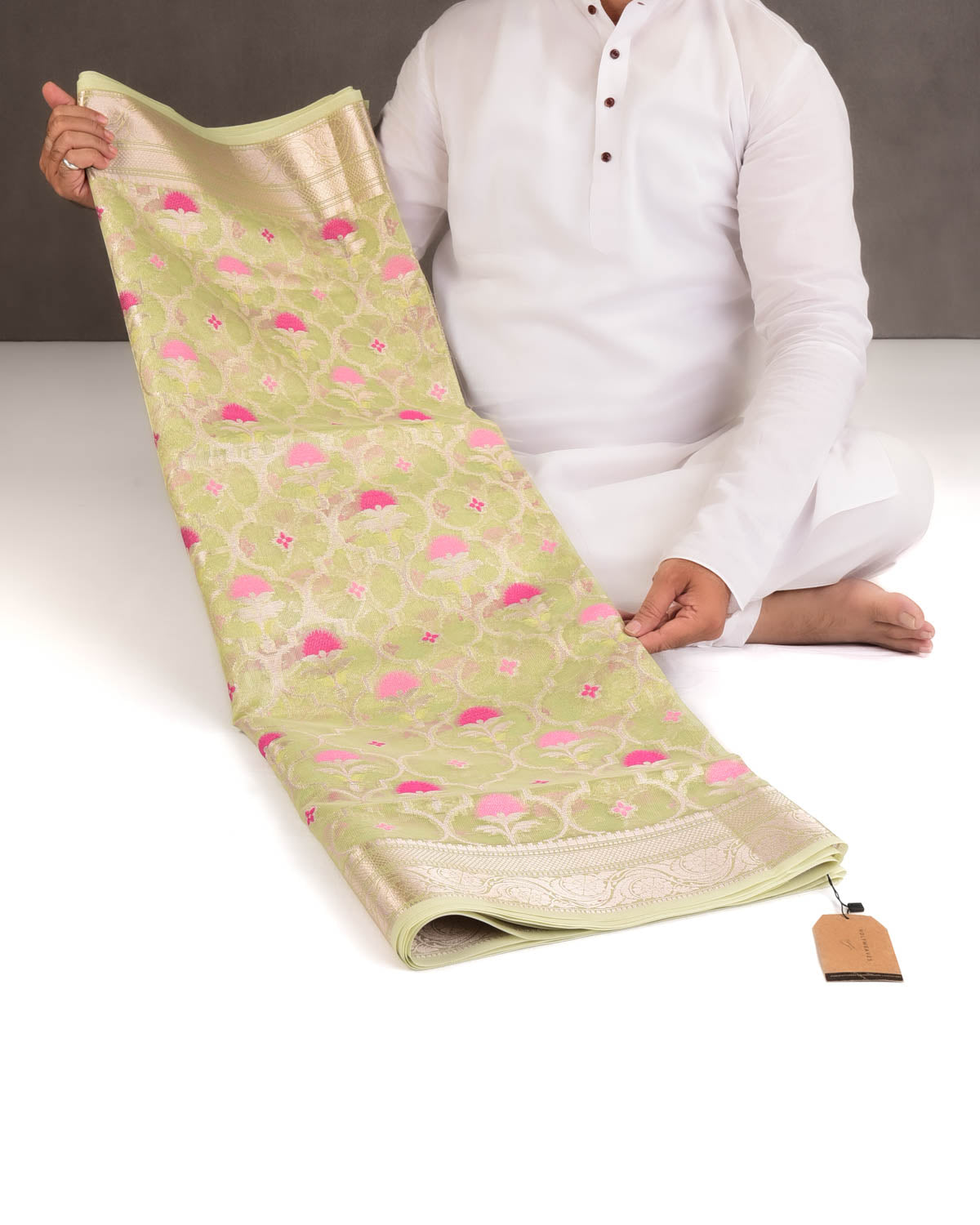 Metallic Green Ethnic Grids Cutwork Brocade Woven Art Cotton Tissue Banarasi Saree-HolyWeaves