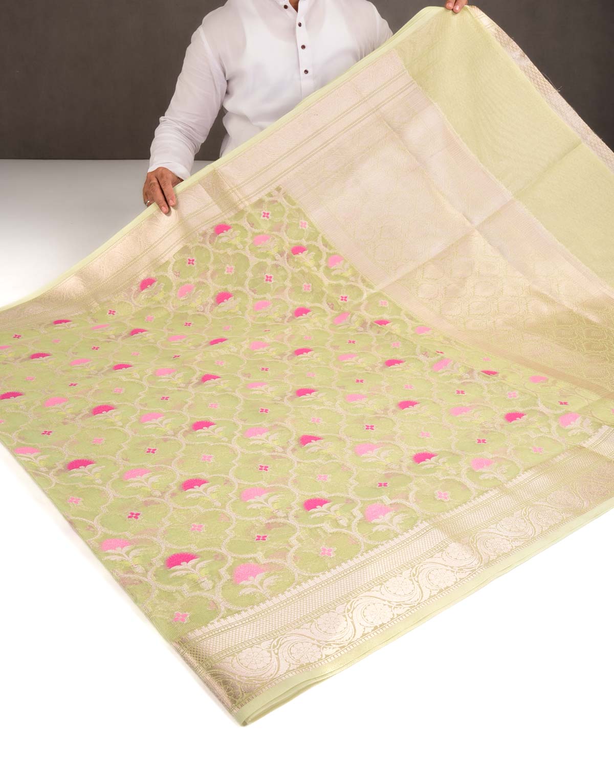 Metallic Green Ethnic Grids Cutwork Brocade Woven Art Cotton Tissue Banarasi Saree-HolyWeaves