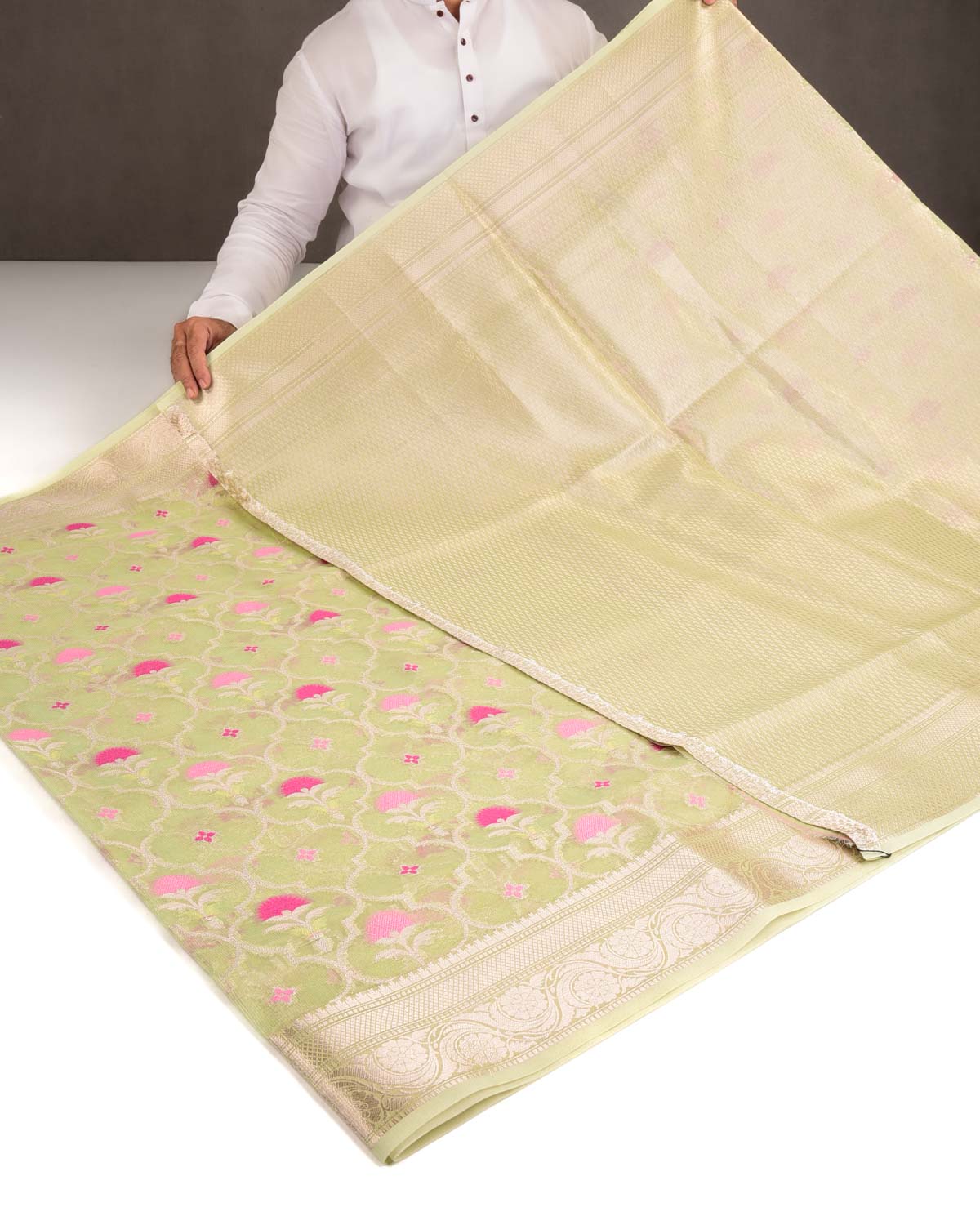 Metallic Green Ethnic Grids Cutwork Brocade Woven Art Cotton Tissue Banarasi Saree-HolyWeaves