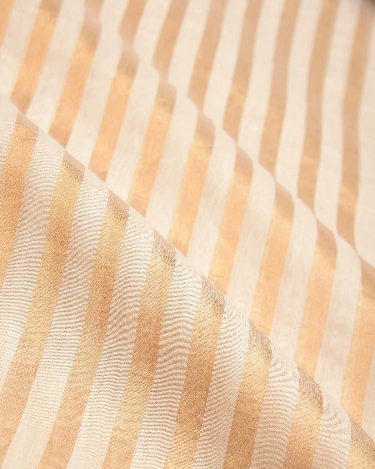 Cream Gold Zari Contemporary Stripes Brocade Woven Cotton Silk Banarasi Saree-HolyWeaves