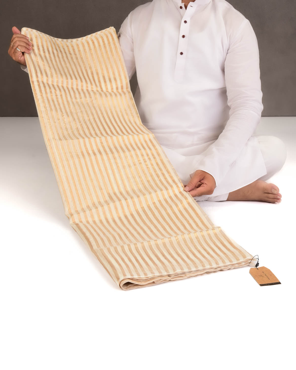 Cream Gold Zari Contemporary Stripes Brocade Woven Cotton Silk Banarasi Saree-HolyWeaves