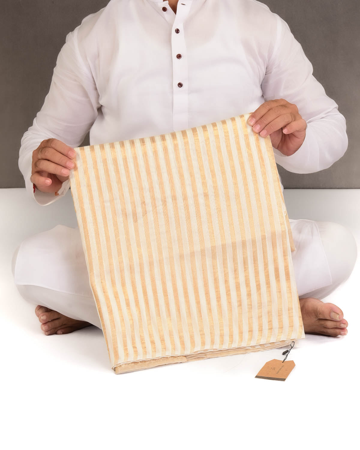 Cream Gold Zari Contemporary Stripes Brocade Woven Cotton Silk Banarasi Saree-HolyWeaves