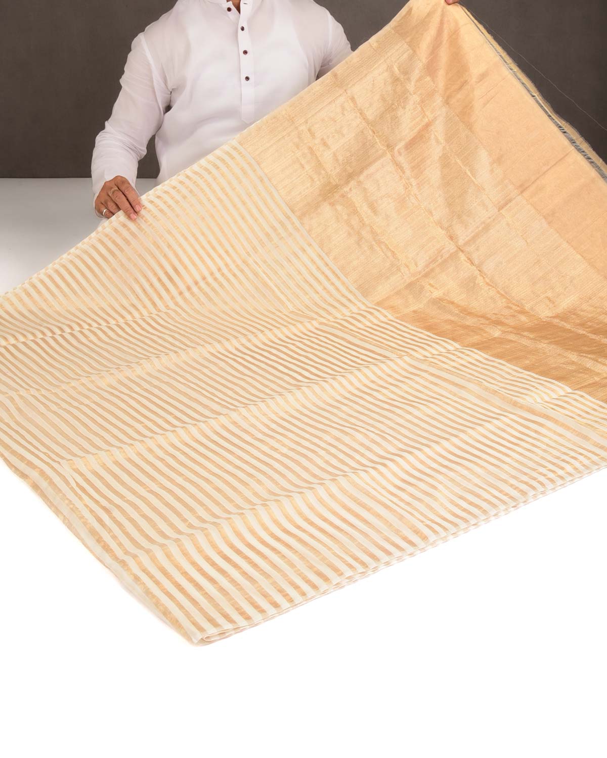 Cream Gold Zari Contemporary Stripes Brocade Woven Cotton Silk Banarasi Saree-HolyWeaves
