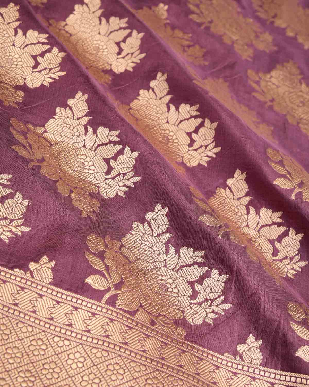 Grape Mauve Gold Zari Gulab Buta Cutwork Brocade Handwoven Katan Silk Banarasi Saree-HolyWeaves