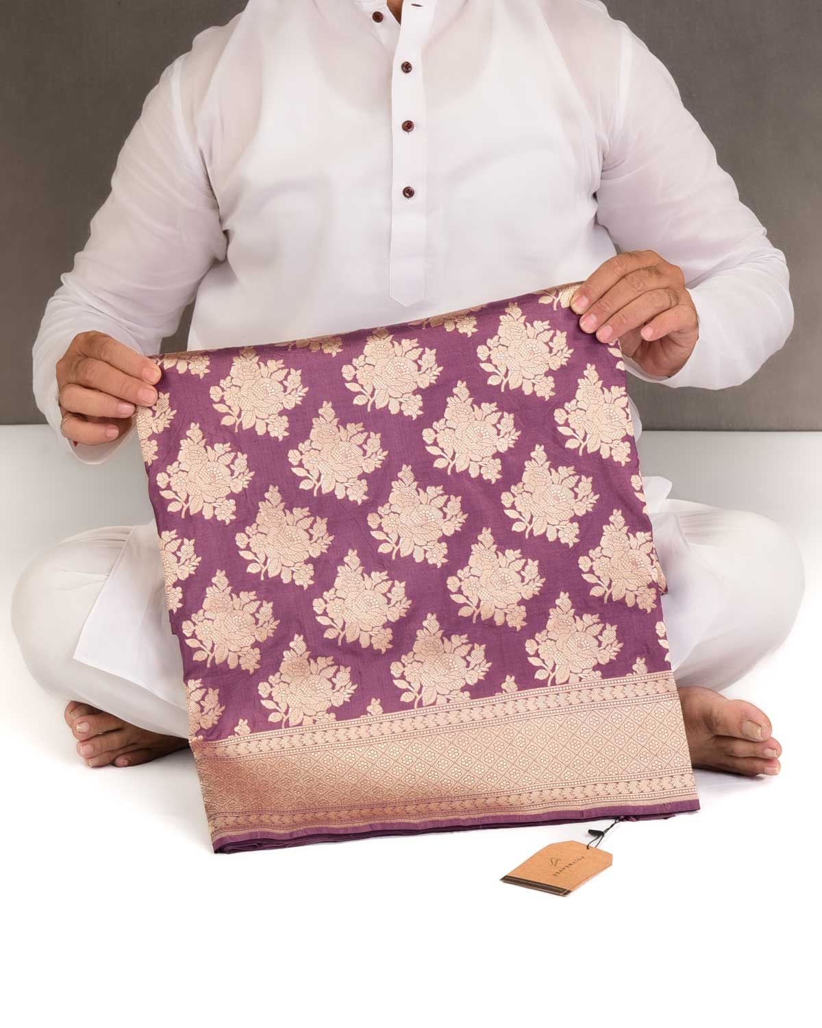 Grape Mauve Gold Zari Gulab Buta Cutwork Brocade Handwoven Katan Silk Banarasi Saree-HolyWeaves
