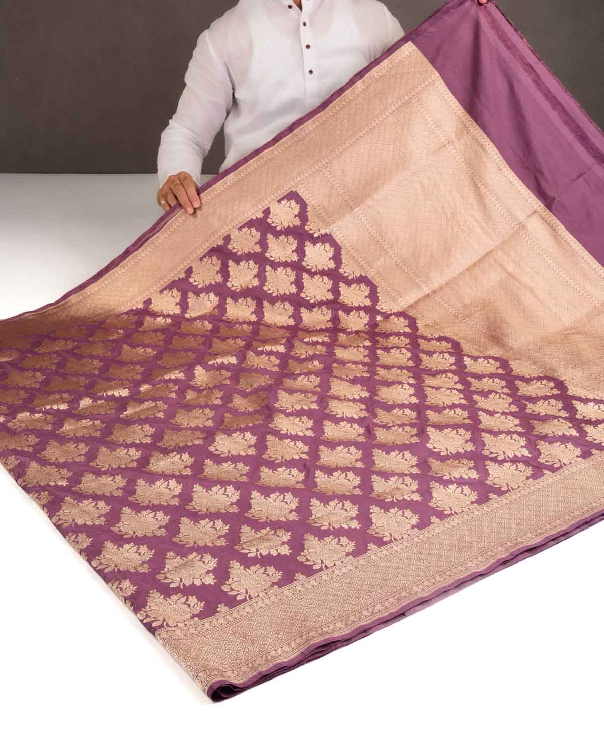Grape Mauve Gold Zari Gulab Buta Cutwork Brocade Handwoven Katan Silk Banarasi Saree-HolyWeaves