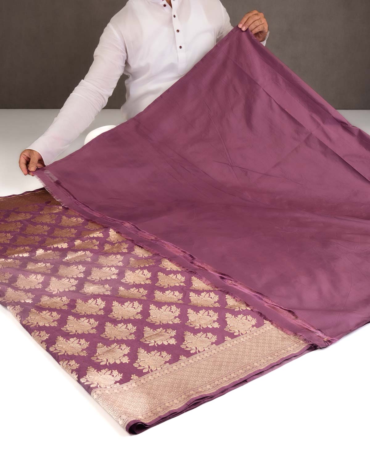 Grape Mauve Gold Zari Gulab Buta Cutwork Brocade Handwoven Katan Silk Banarasi Saree-HolyWeaves