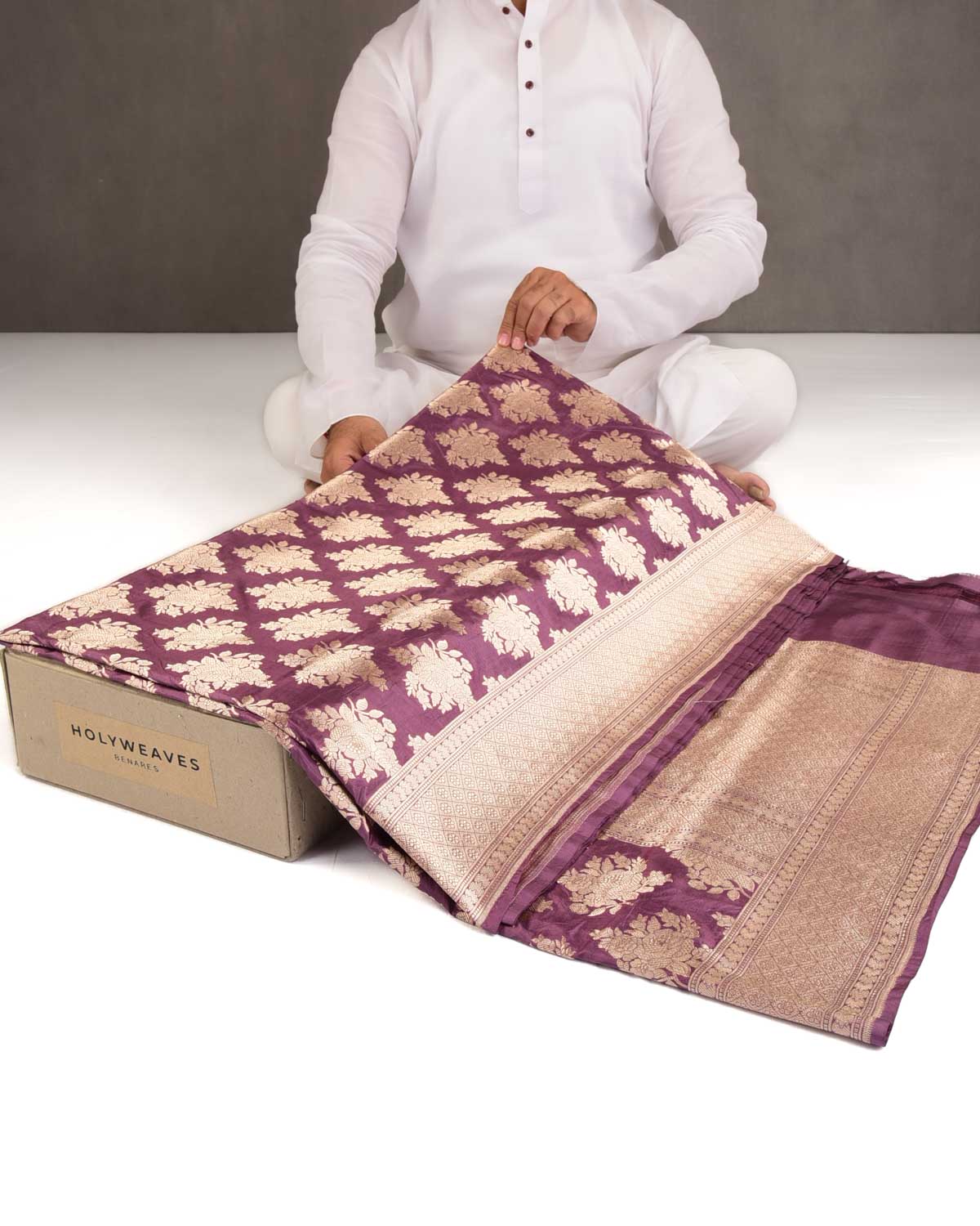Grape Mauve Gold Zari Gulab Buta Cutwork Brocade Handwoven Katan Silk Banarasi Saree-HolyWeaves