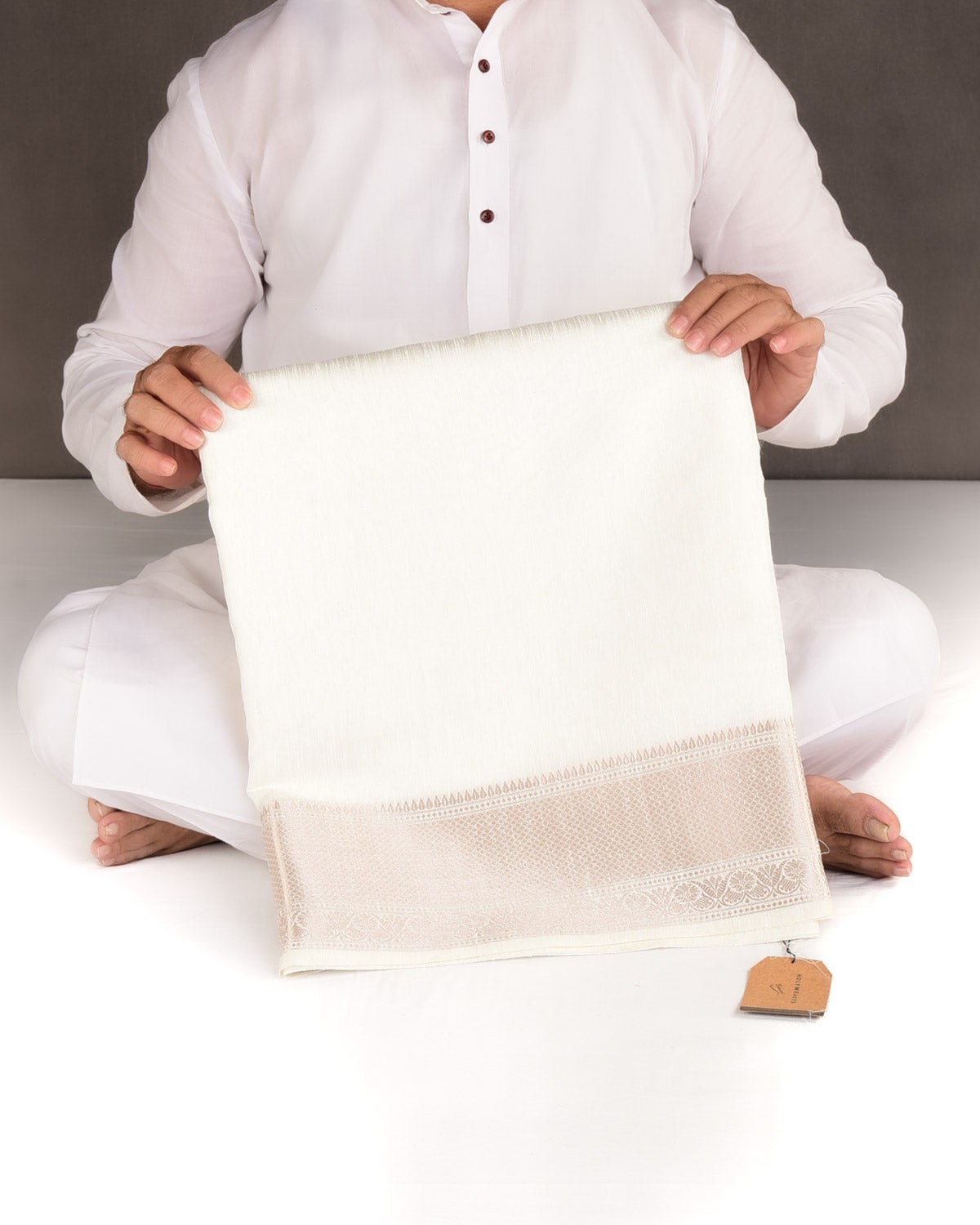 Ivory White Slub Textured Brocade Woven Poly Cotton Dupion Banarasi Saree with Gold Zari Border Pallu-HolyWeaves