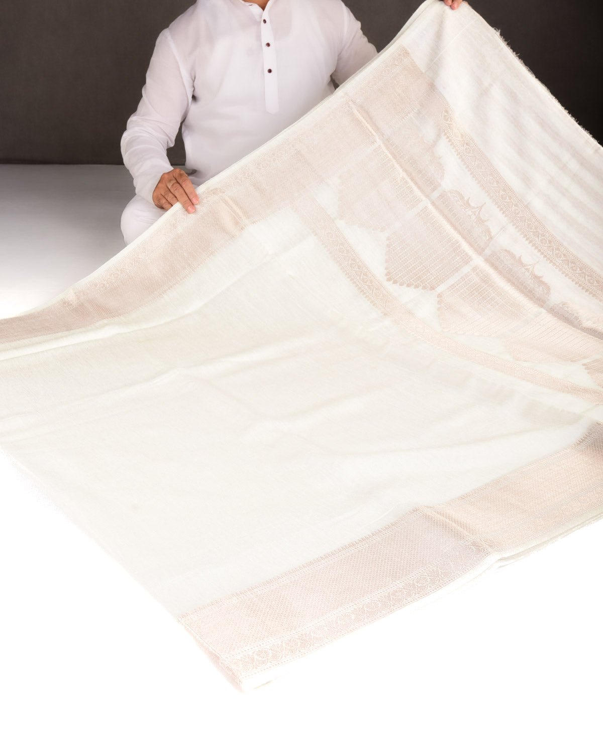 Ivory White Slub Textured Brocade Woven Poly Cotton Dupion Banarasi Saree with Gold Zari Border Pallu-HolyWeaves