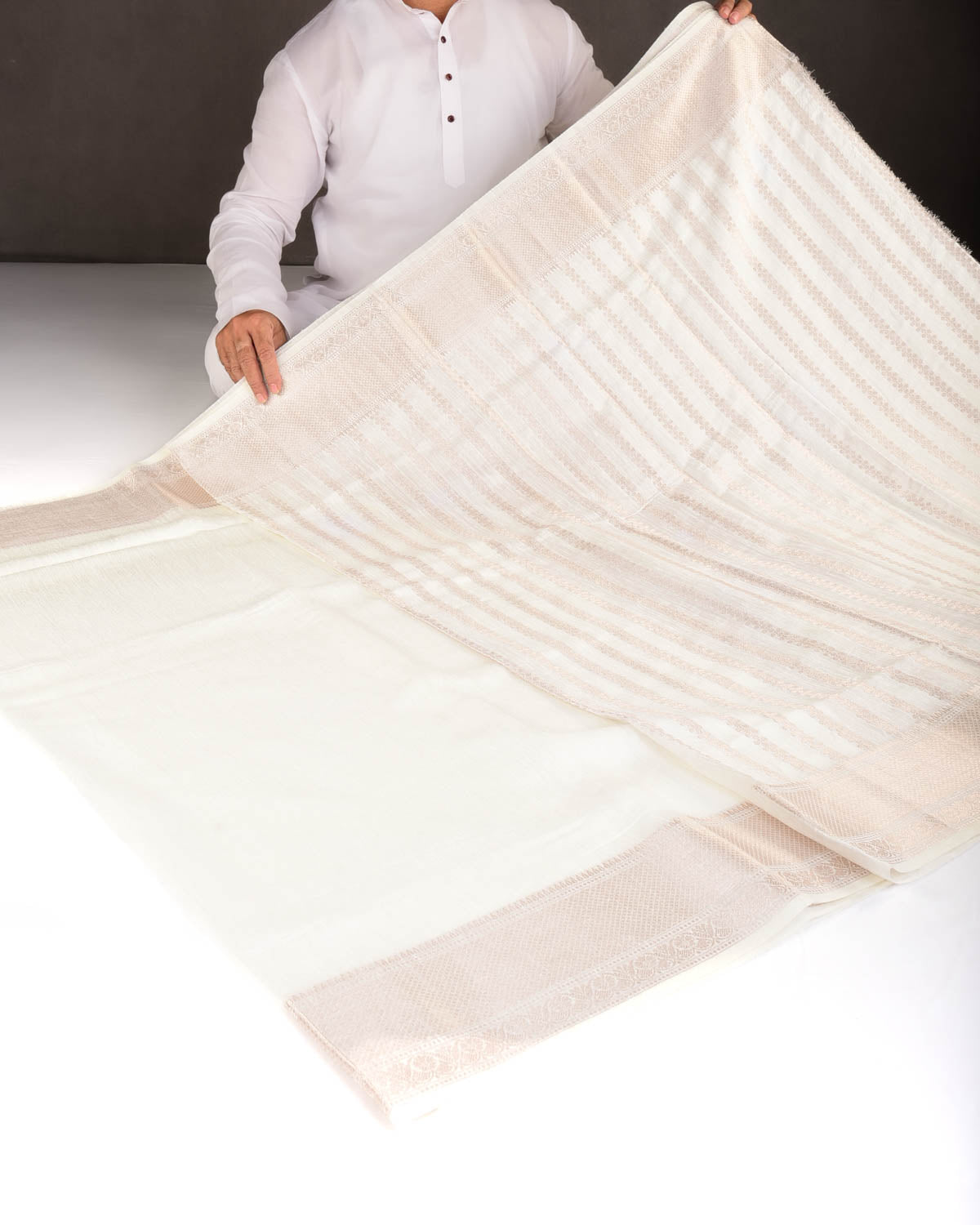 Ivory White Slub Textured Brocade Woven Poly Cotton Dupion Banarasi Saree with Gold Zari Border Pallu-HolyWeaves