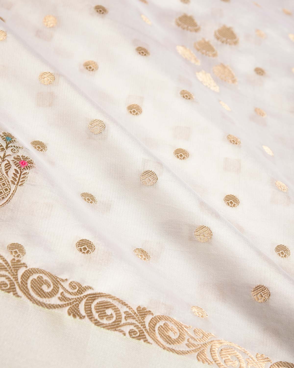 Ivory White Gold Zari Buti Cutwork Brocade Woven Dupion Silk Banarasi Saree with Meenekari Buta-HolyWeaves