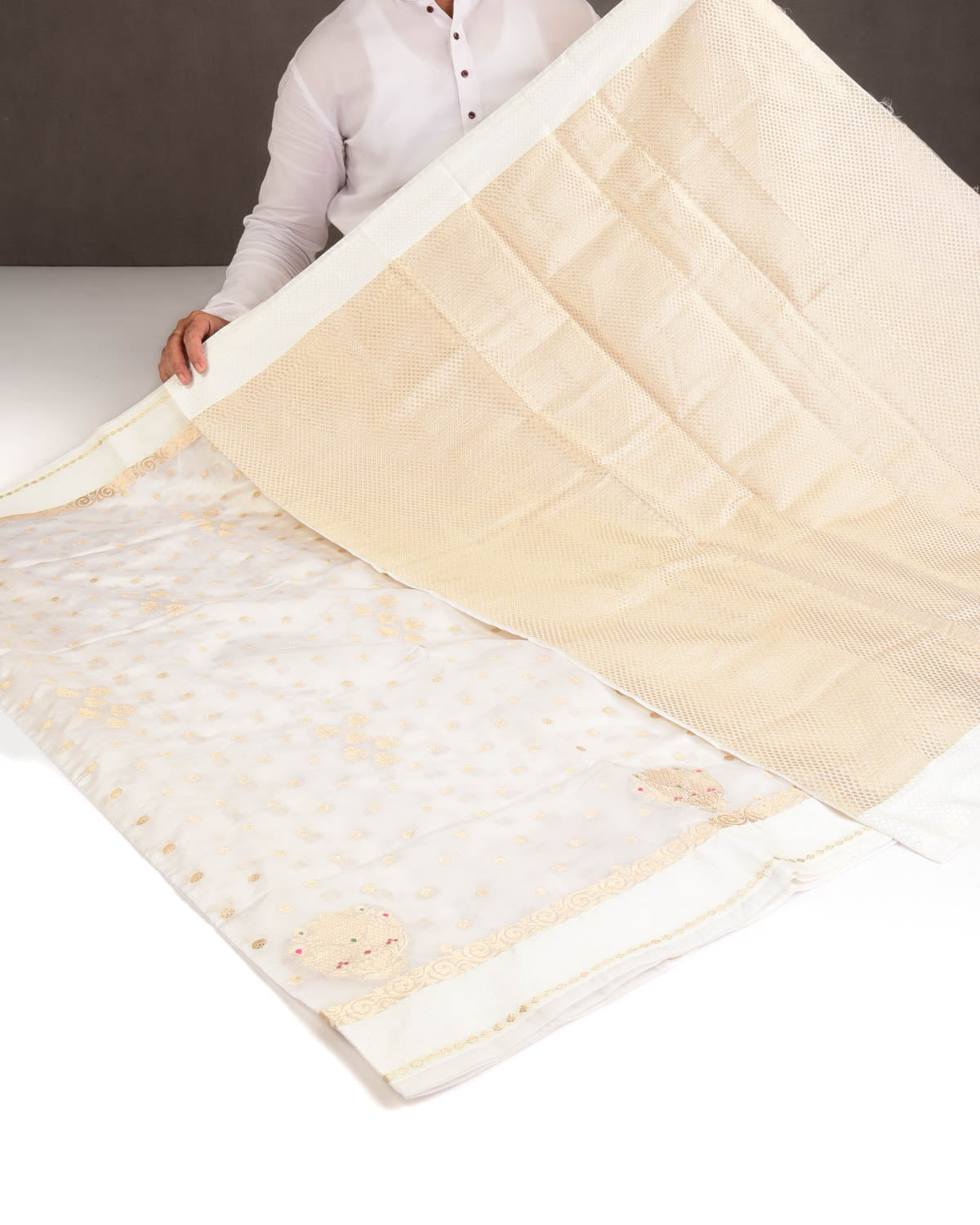 Ivory White Gold Zari Buti Cutwork Brocade Woven Dupion Silk Banarasi Saree with Meenekari Buta-HolyWeaves