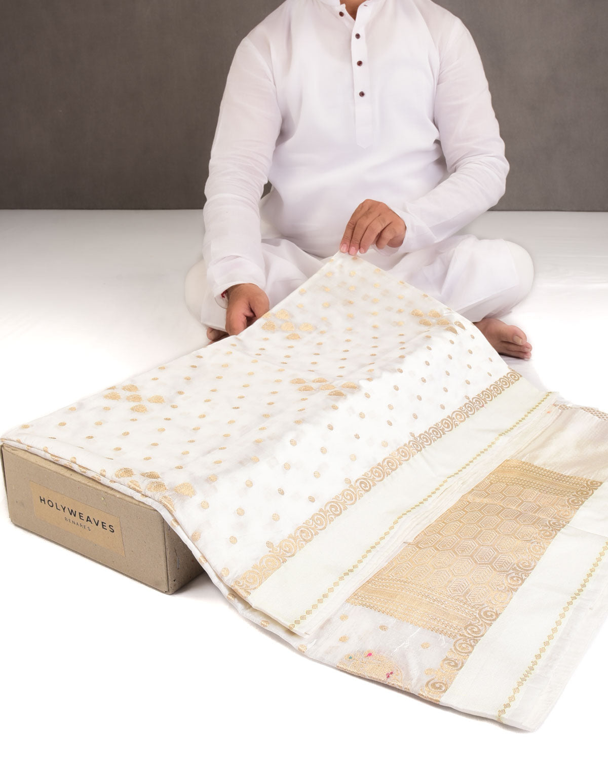 Ivory White Gold Zari Buti Cutwork Brocade Woven Dupion Silk Banarasi Saree with Meenekari Buta-HolyWeaves