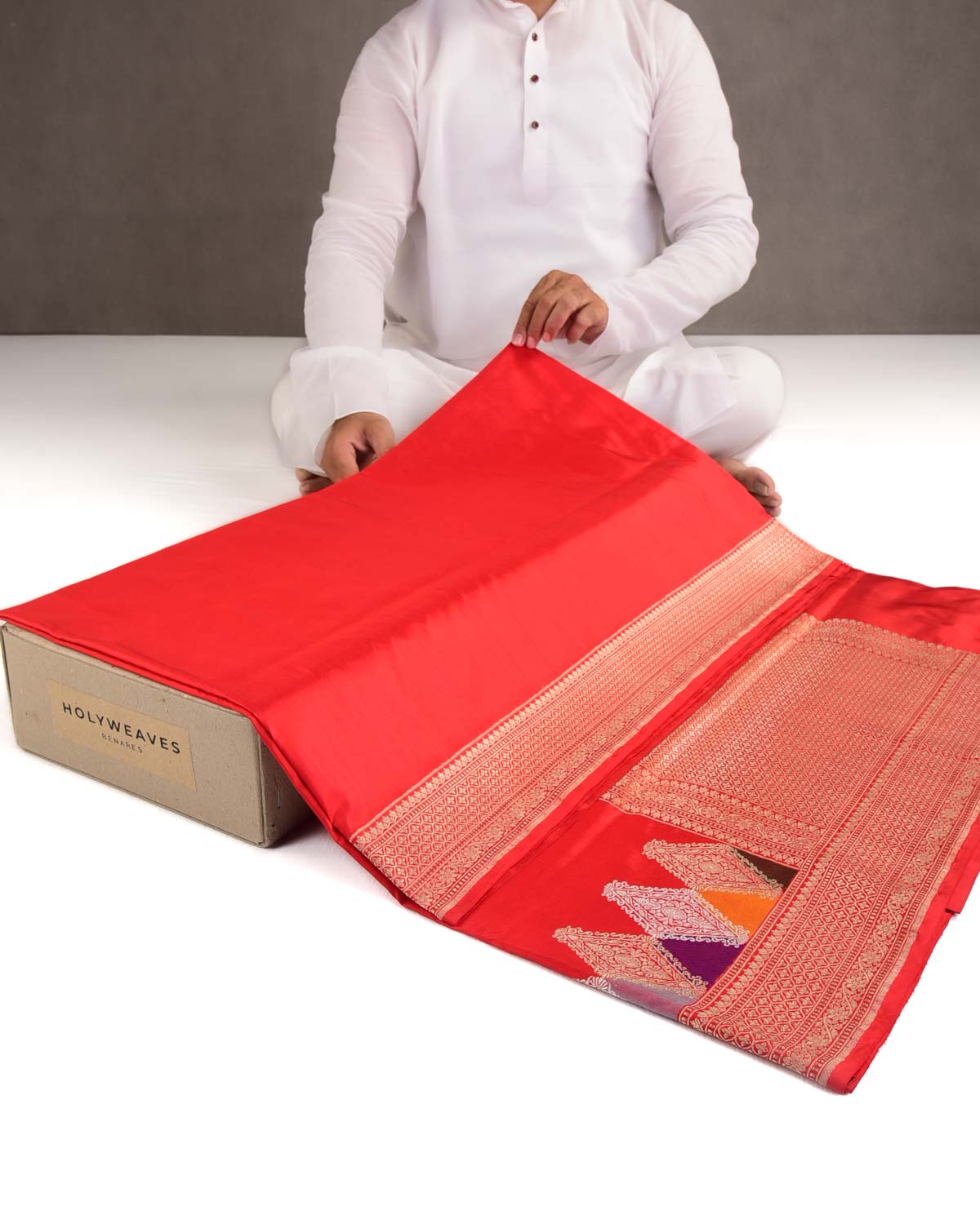 Bridal Red Gold & Silver Zari & Meenekari Kadhuan Brocade Handwoven Katan Silk Banarasi Saree-HolyWeaves