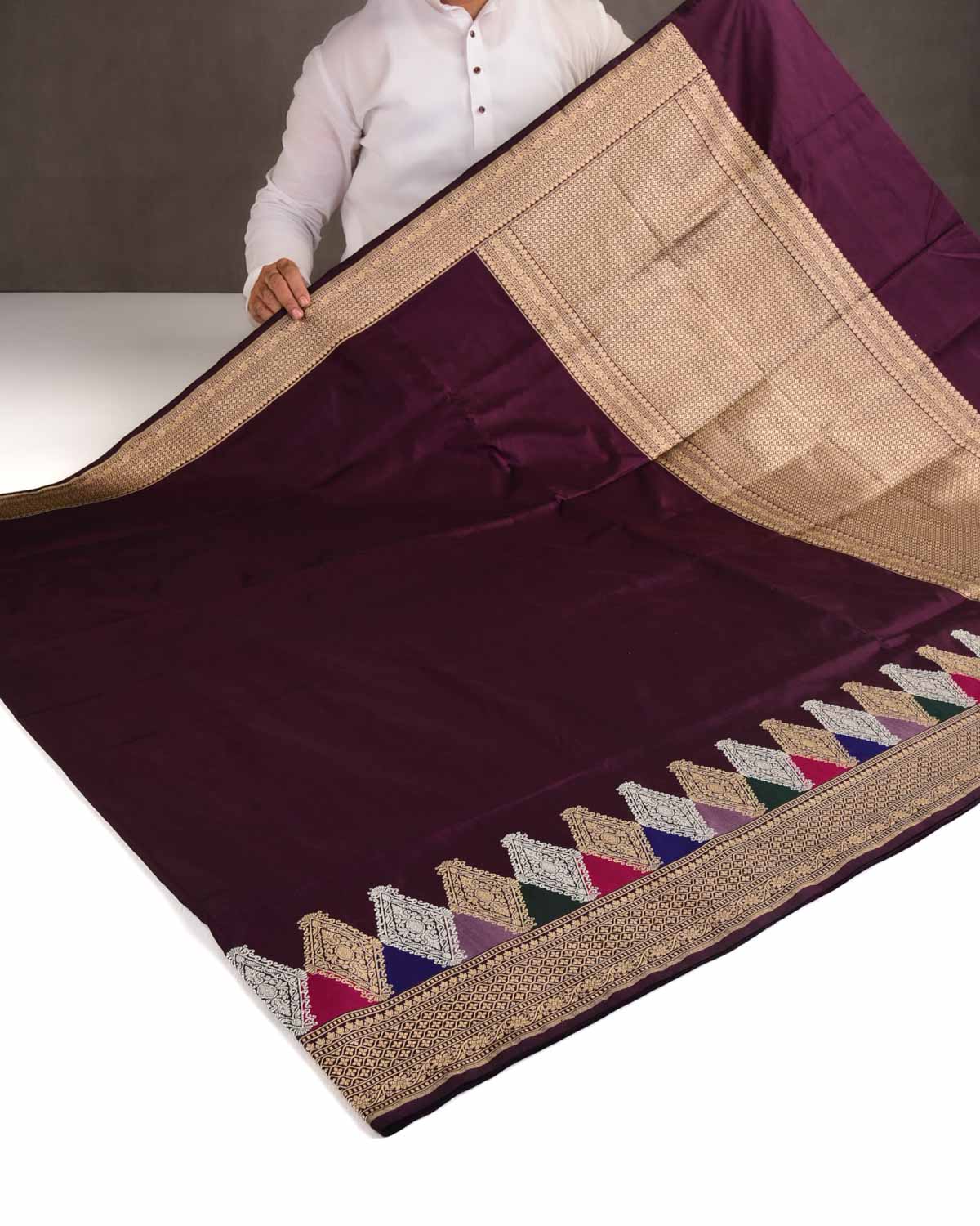 Sangria Purple Gold & Silver Zari & Meenekari Kadhuan Brocade Handwoven Katan Silk Banarasi Saree-HolyWeaves