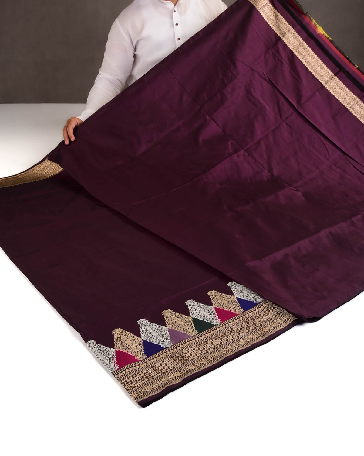 Sangria Purple Gold & Silver Zari & Meenekari Kadhuan Brocade Handwoven Katan Silk Banarasi Saree-HolyWeaves