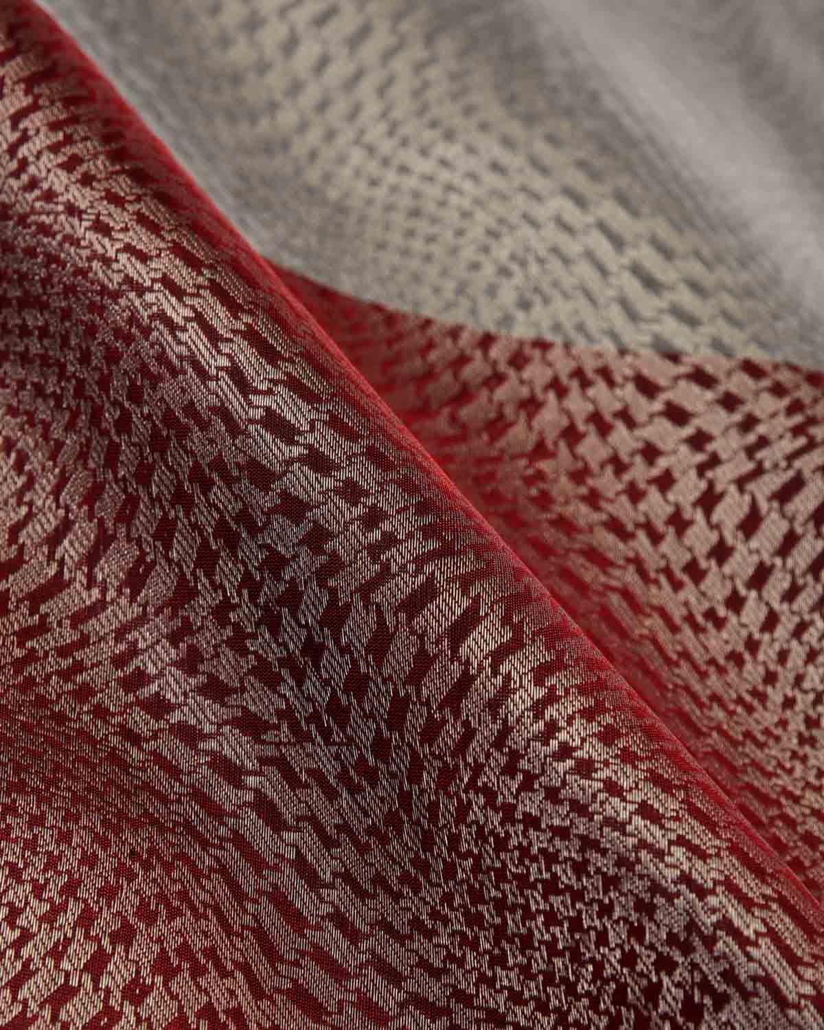 Dual-Tone Gray Maroon Silver Zari Houndstooth Cyclone Kadhuan Brocade Handwoven Katan Silk Banarasi Saree-HolyWeaves