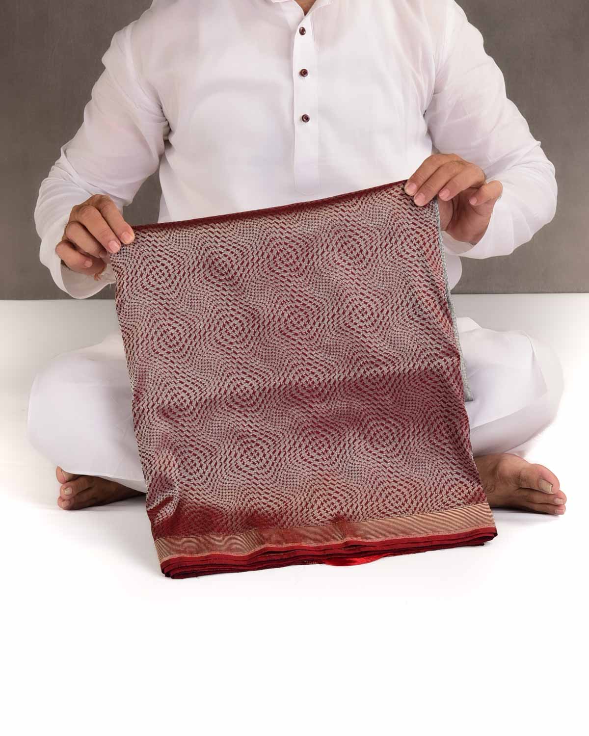 Dual-Tone Gray Maroon Silver Zari Houndstooth Cyclone Kadhuan Brocade Handwoven Katan Silk Banarasi Saree-HolyWeaves