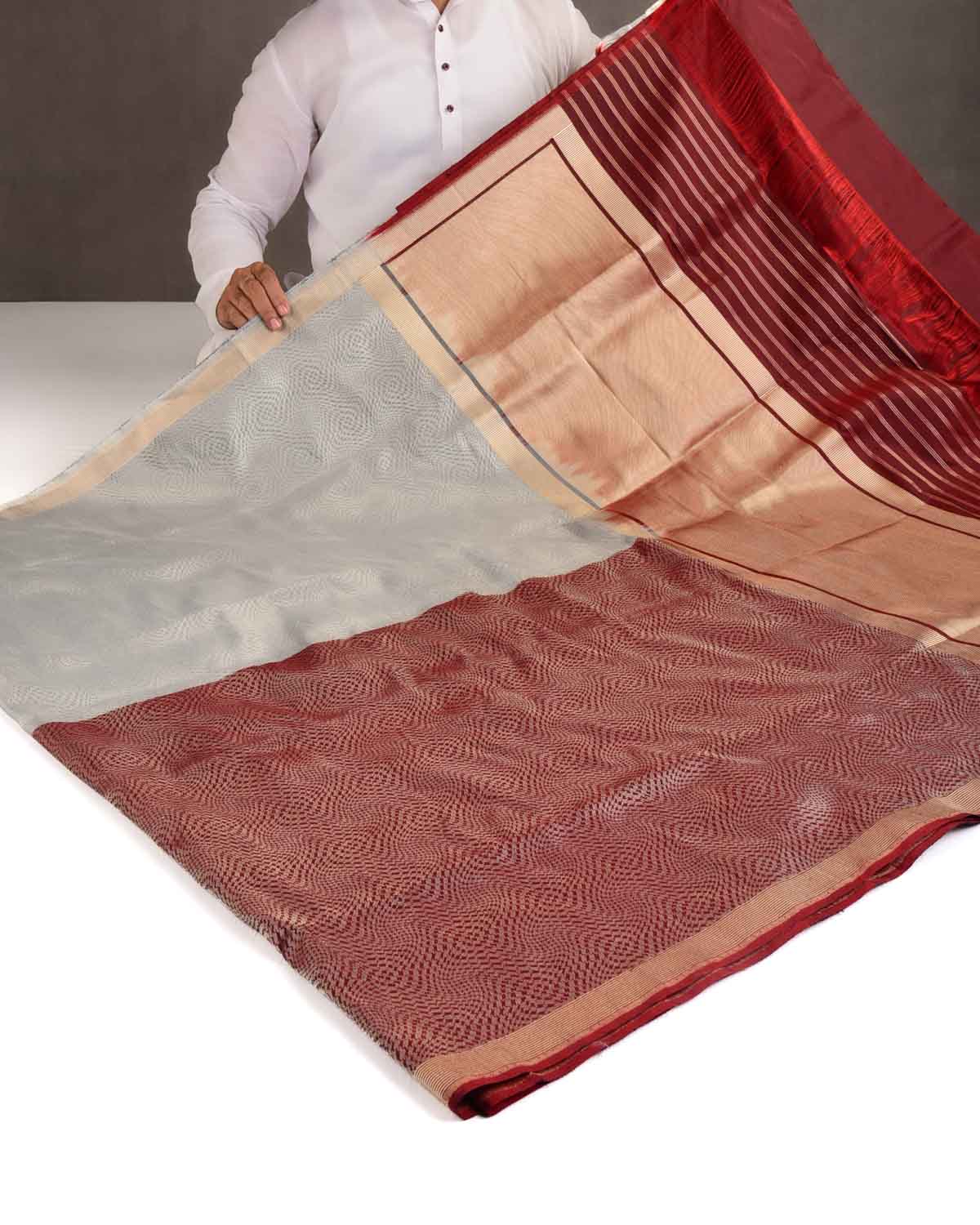 Dual-Tone Gray Maroon Silver Zari Houndstooth Cyclone Kadhuan Brocade Handwoven Katan Silk Banarasi Saree-HolyWeaves