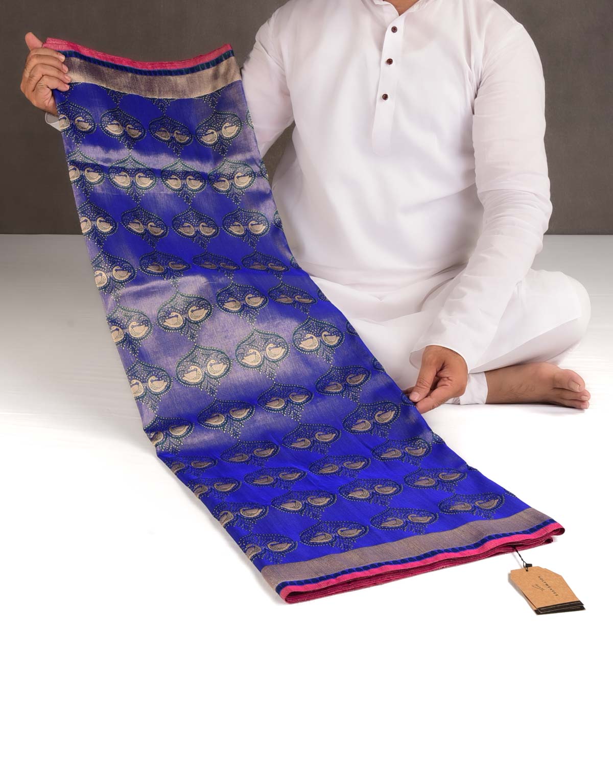 Metallic Royal Blue Gold Zari & Resham Brocade Handwoven Katan Silk Banarasi Saree-HolyWeaves