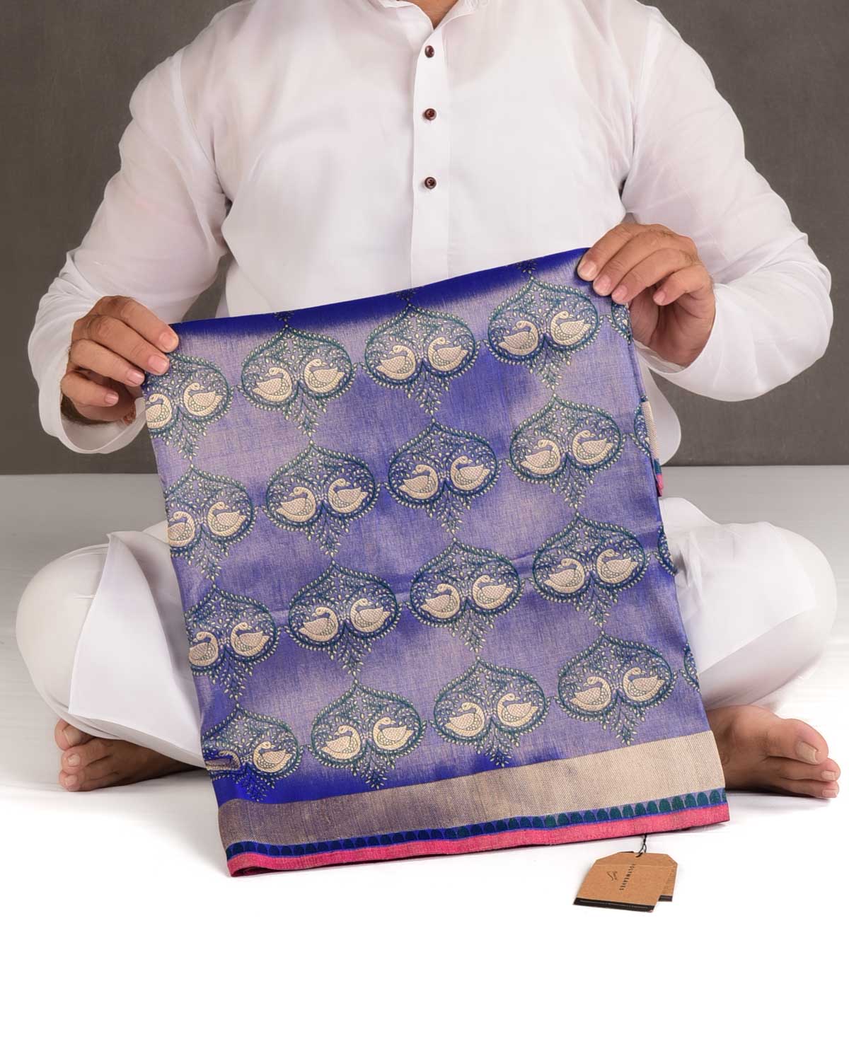 Metallic Royal Blue Gold Zari & Resham Brocade Handwoven Katan Silk Banarasi Saree-HolyWeaves