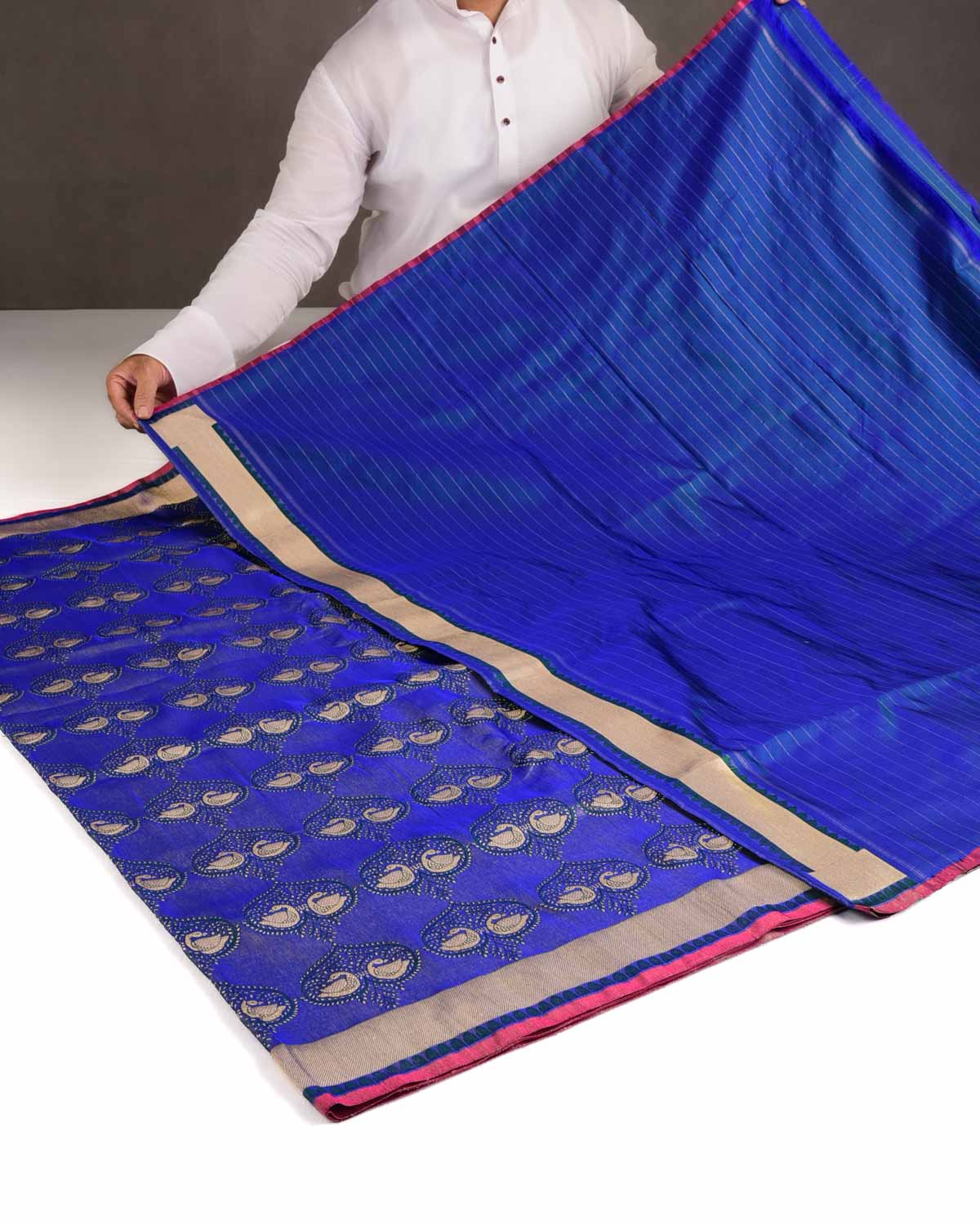 Metallic Royal Blue Gold Zari & Resham Brocade Handwoven Katan Silk Banarasi Saree-HolyWeaves
