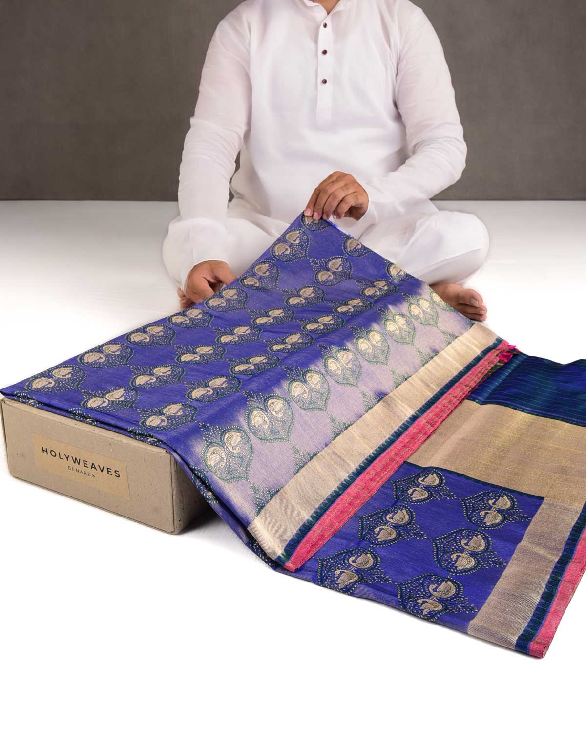 Metallic Royal Blue Gold Zari & Resham Brocade Handwoven Katan Silk Banarasi Saree-HolyWeaves