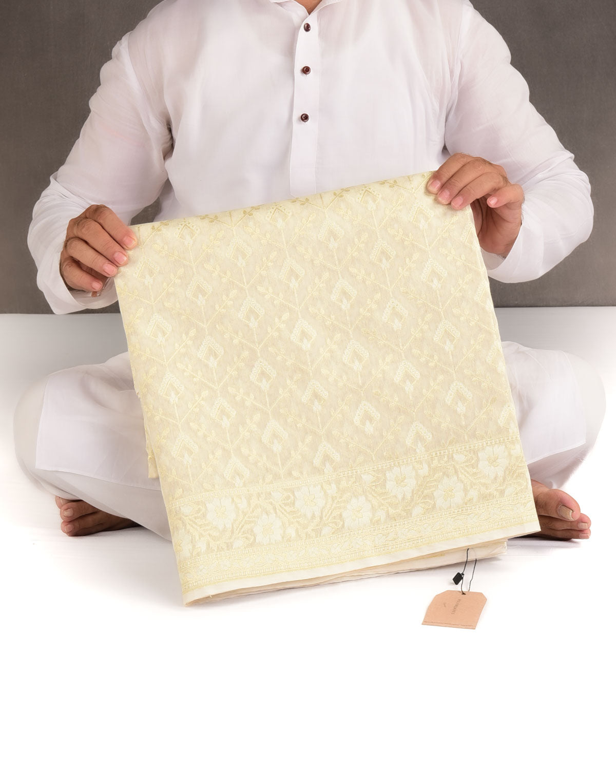 Ivory White Gold Zari & Resham Cutwork Brocade Woven Art Cotton Silk Banarasi Saree-HolyWeaves